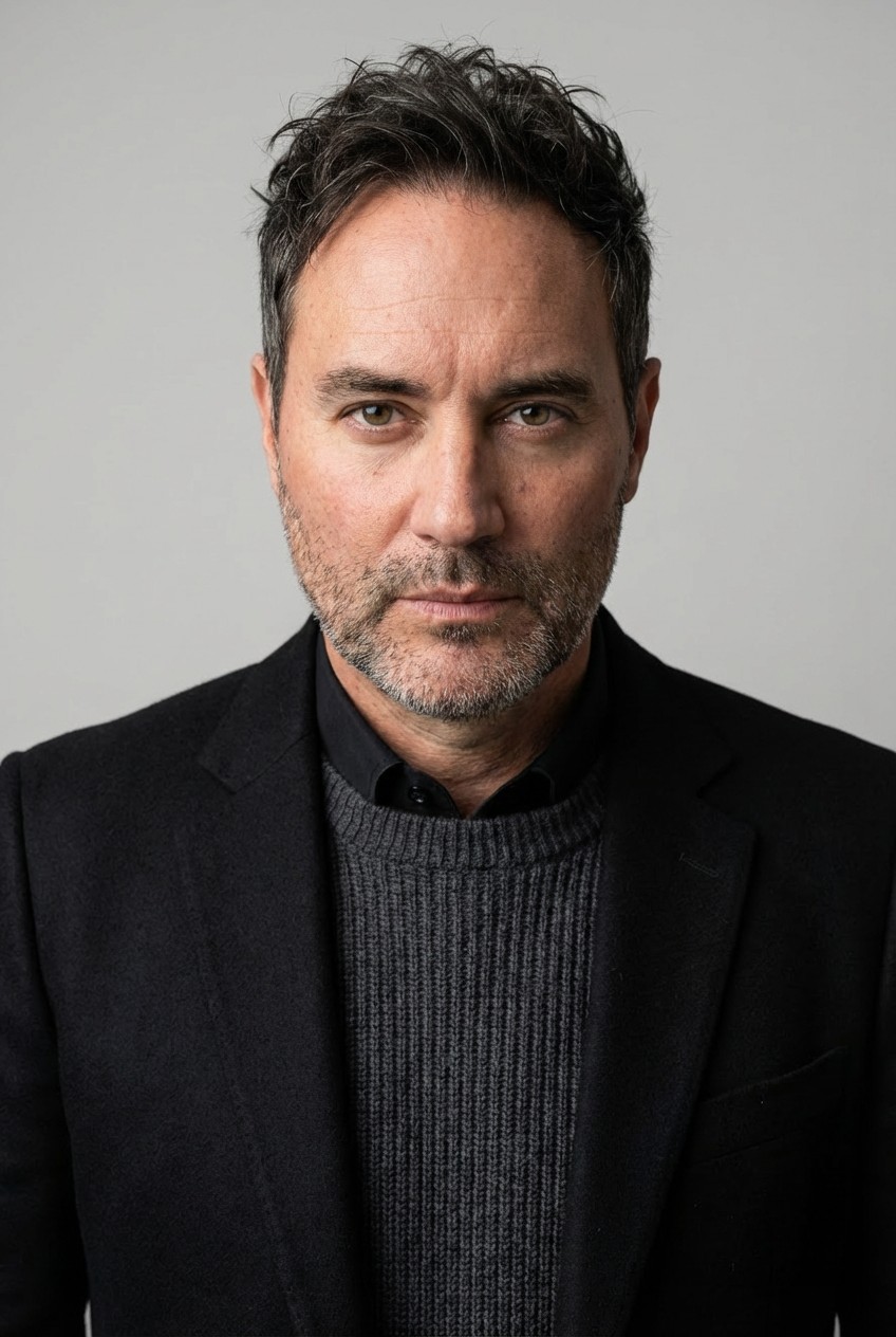Portrait of K_SICK in a black jacket and grey knit sweater