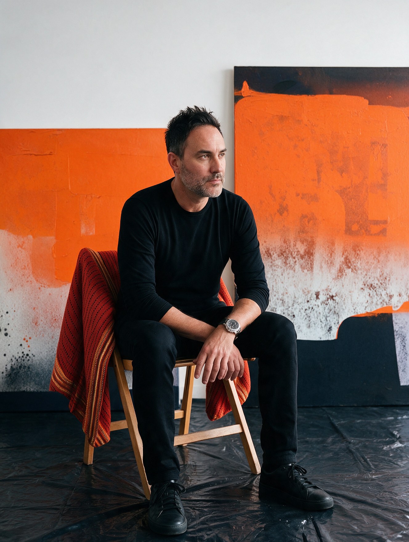 K_SICK seated in his studio between two orange and black paintings, a red hand-woven wool draped over his chair