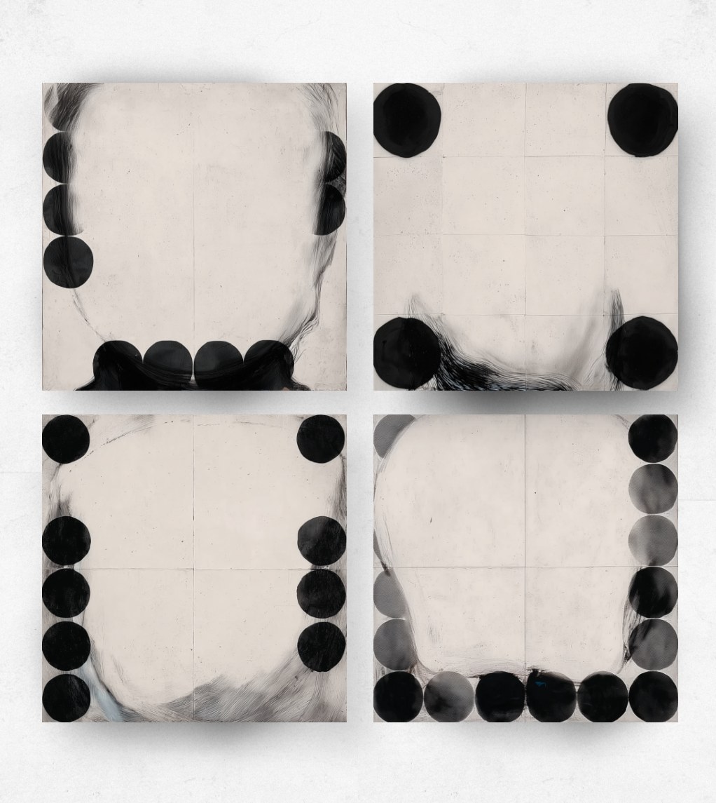Dots Dots Dots, four square panels of black circles framing pale empty faces