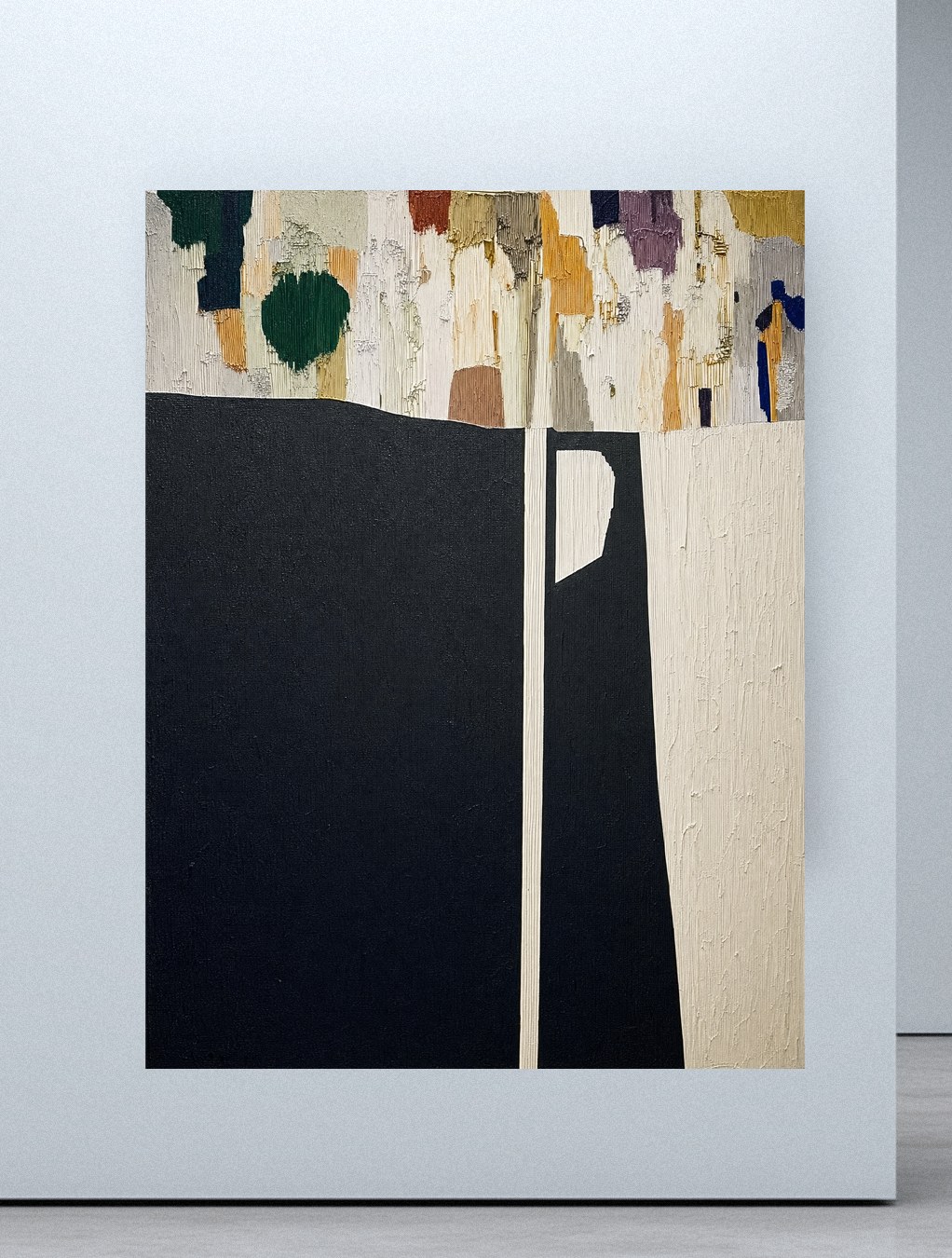 Departed, a black form beneath a band of coloured textured paint, hung in a white gallery