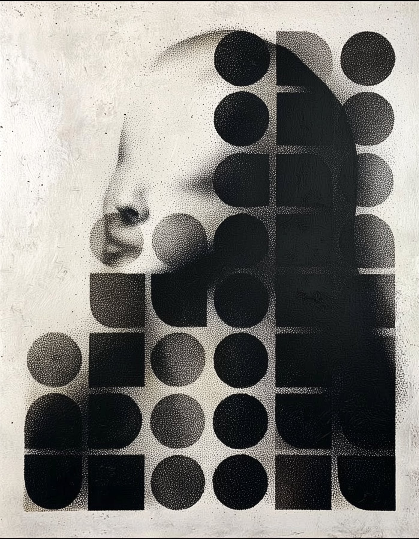 Mona, a stippled face partly hidden behind a grid of black circles and squares
