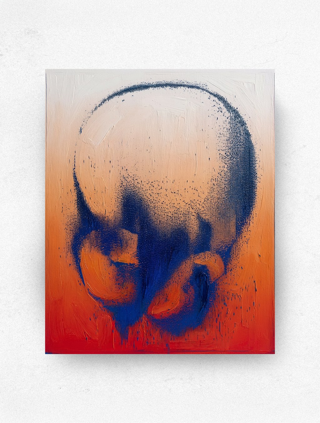 Descendance, a blue sprayed head form over a white to orange to red gradient, on a white wall