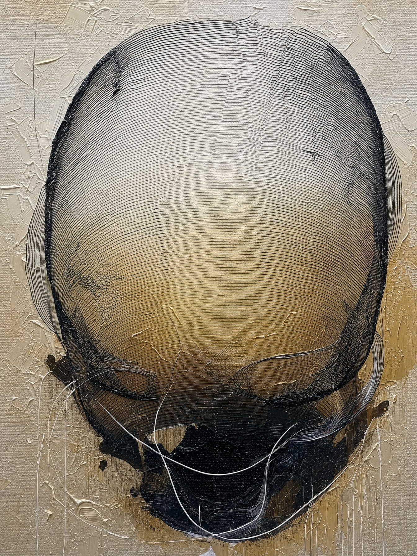 Fractured, a head-like oval of fine black lines over textured cream and ochre