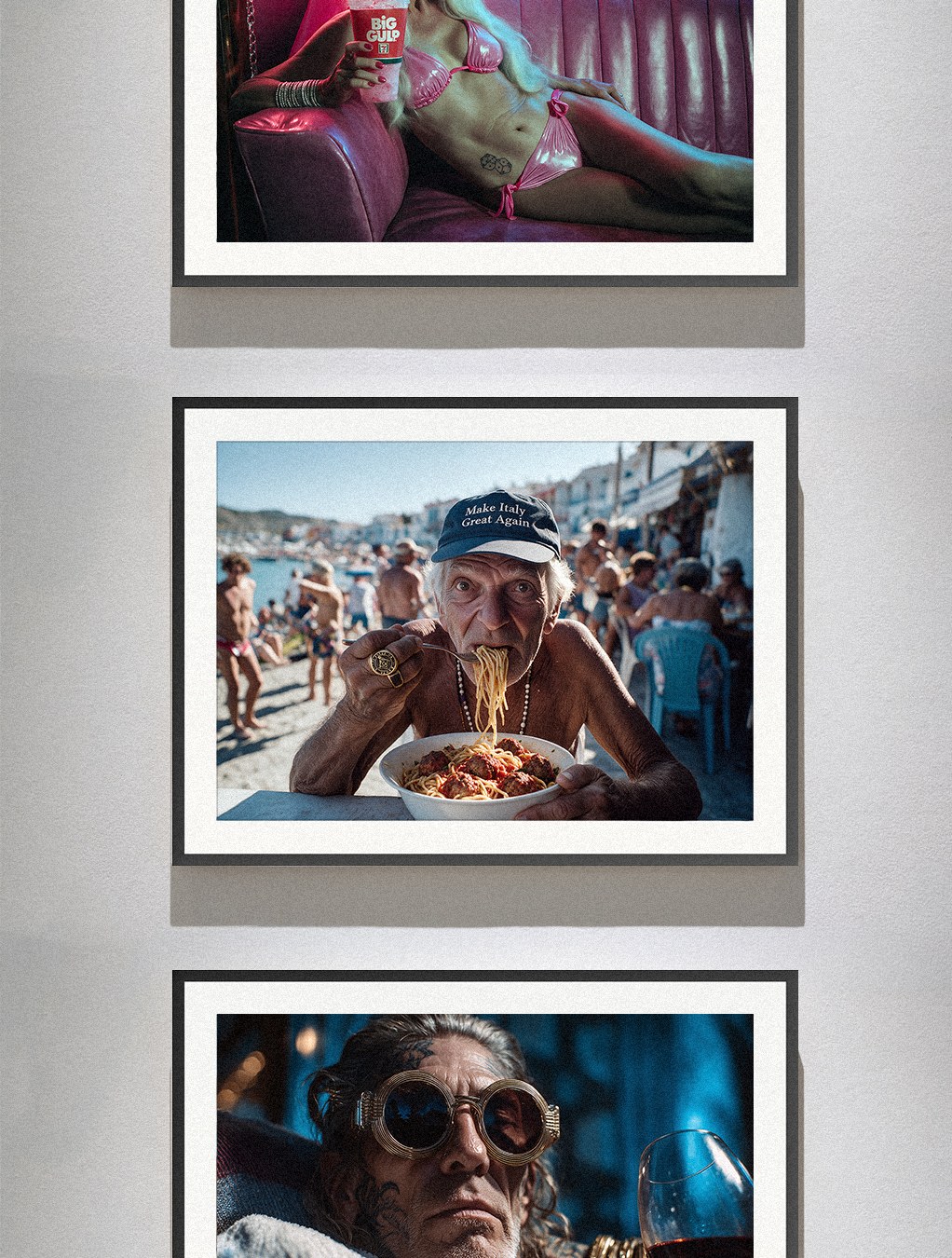 SuperRich, three framed photographs hung one above another on a pale gallery wall