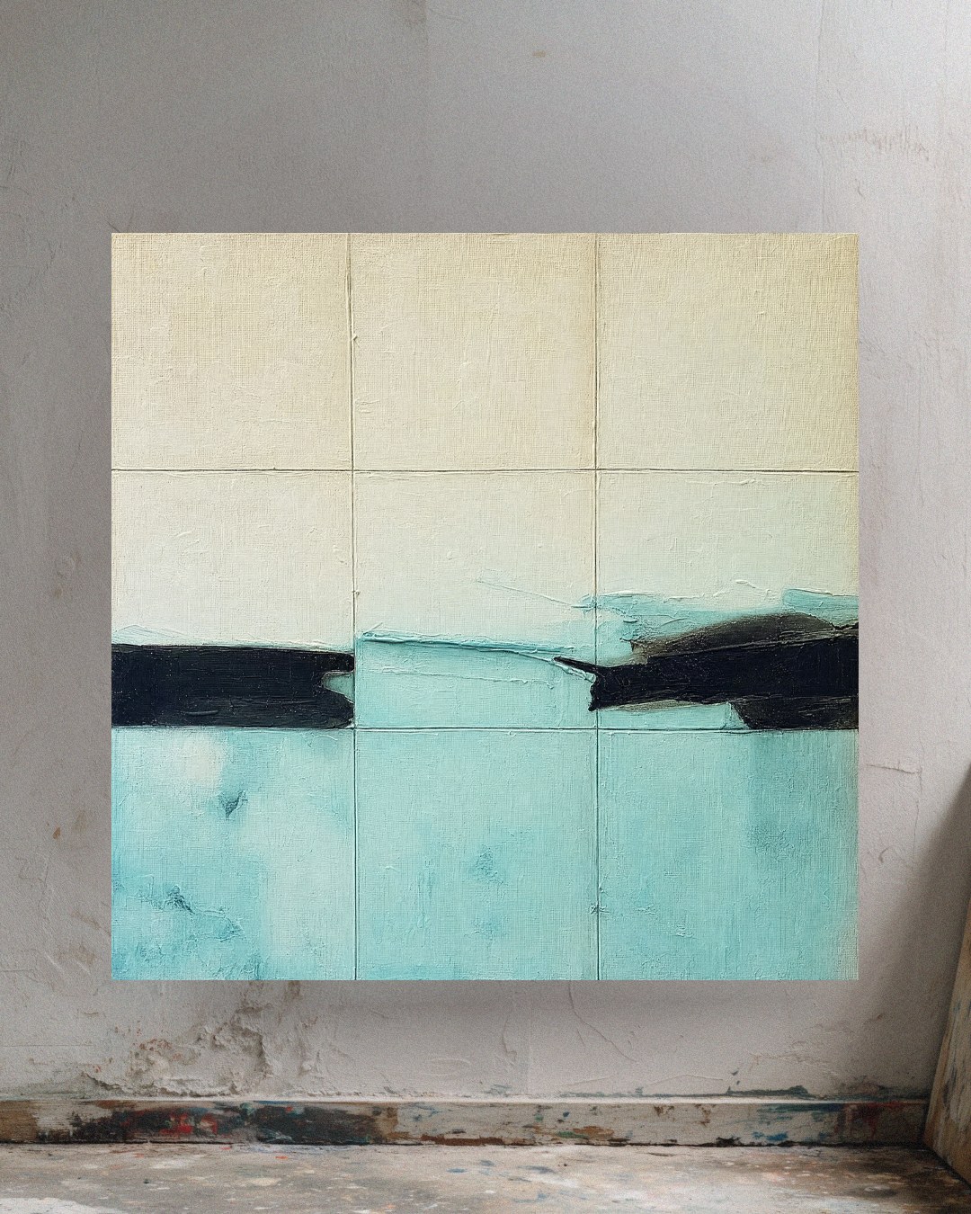 Night Swim, square canvas of cream and turquoise with a broken black horizon, leaning against a studio wall