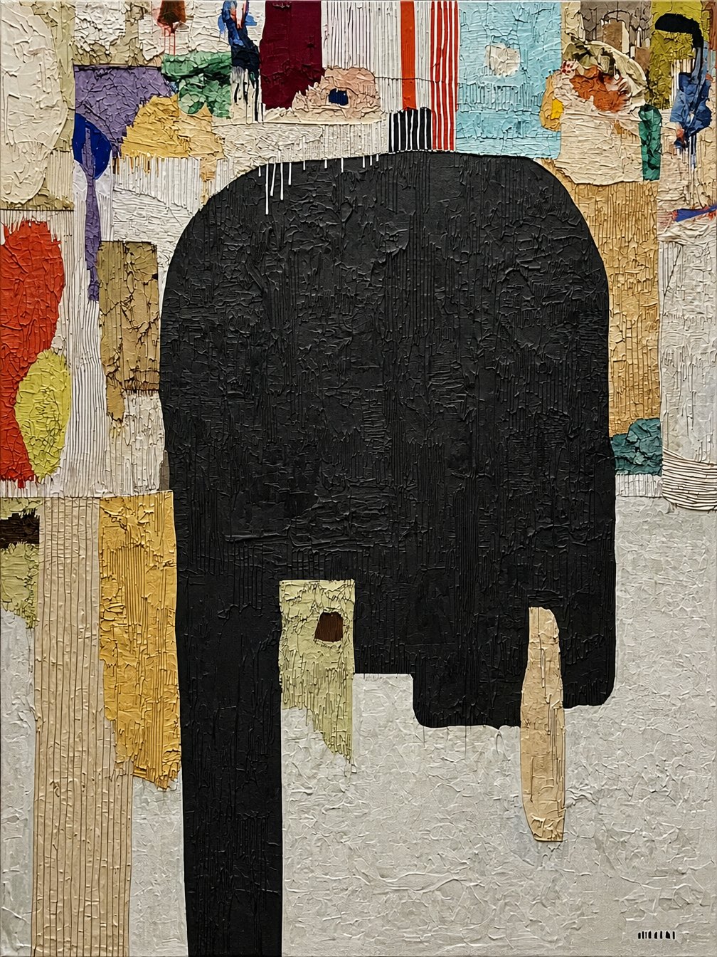 Departed #1, textured abstract of dark forms against patchworks of colour