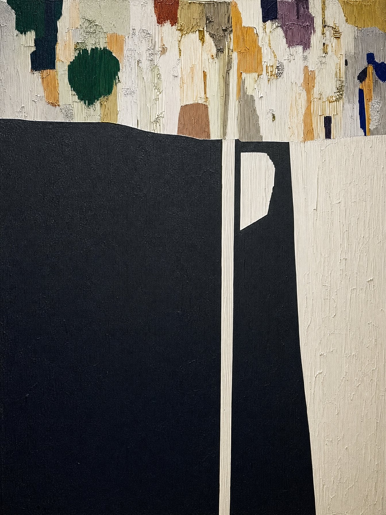 Departed #2, textured abstract of dark forms against patchworks of colour