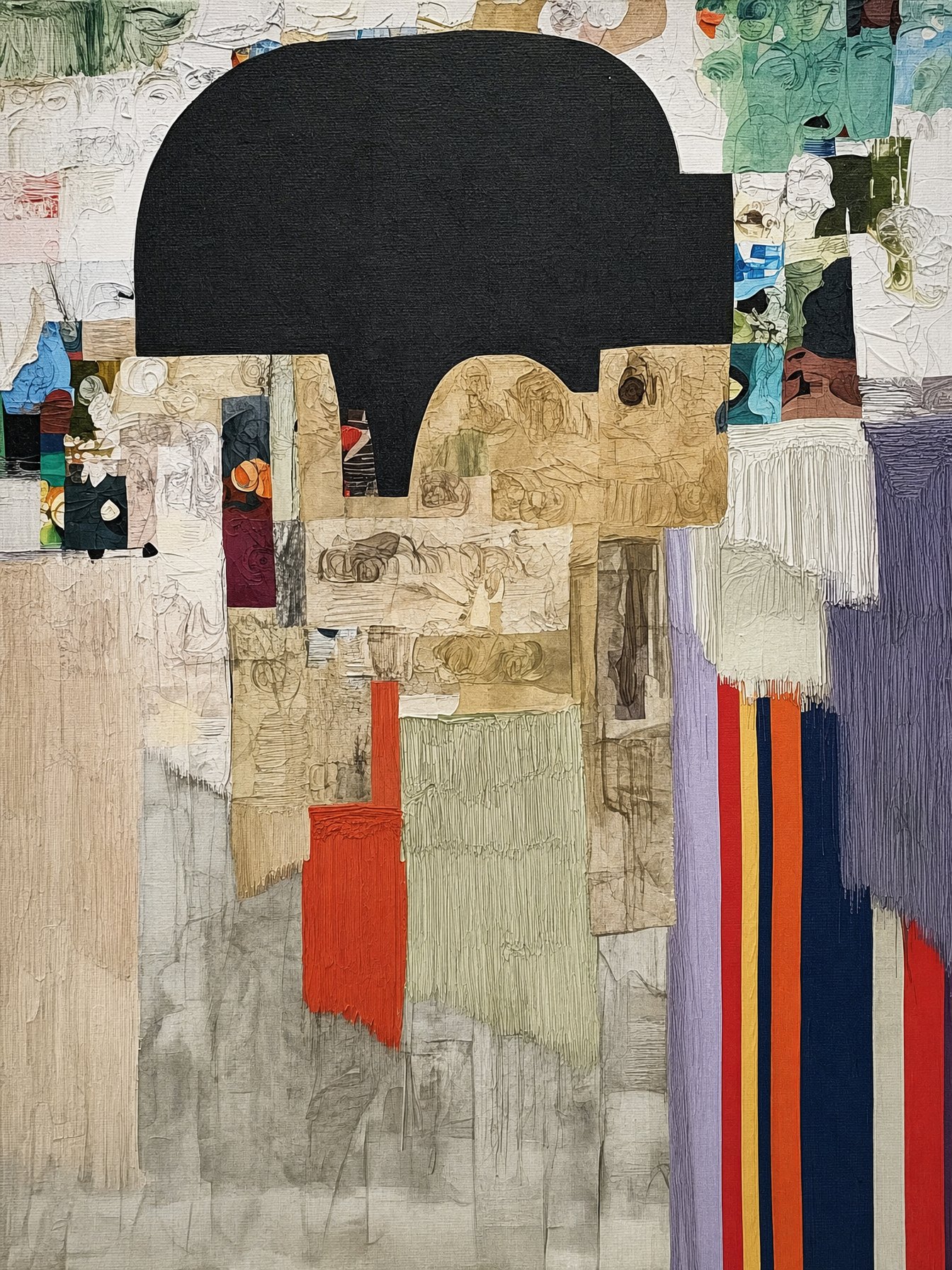 Departed #3, textured abstract of dark forms against patchworks of colour