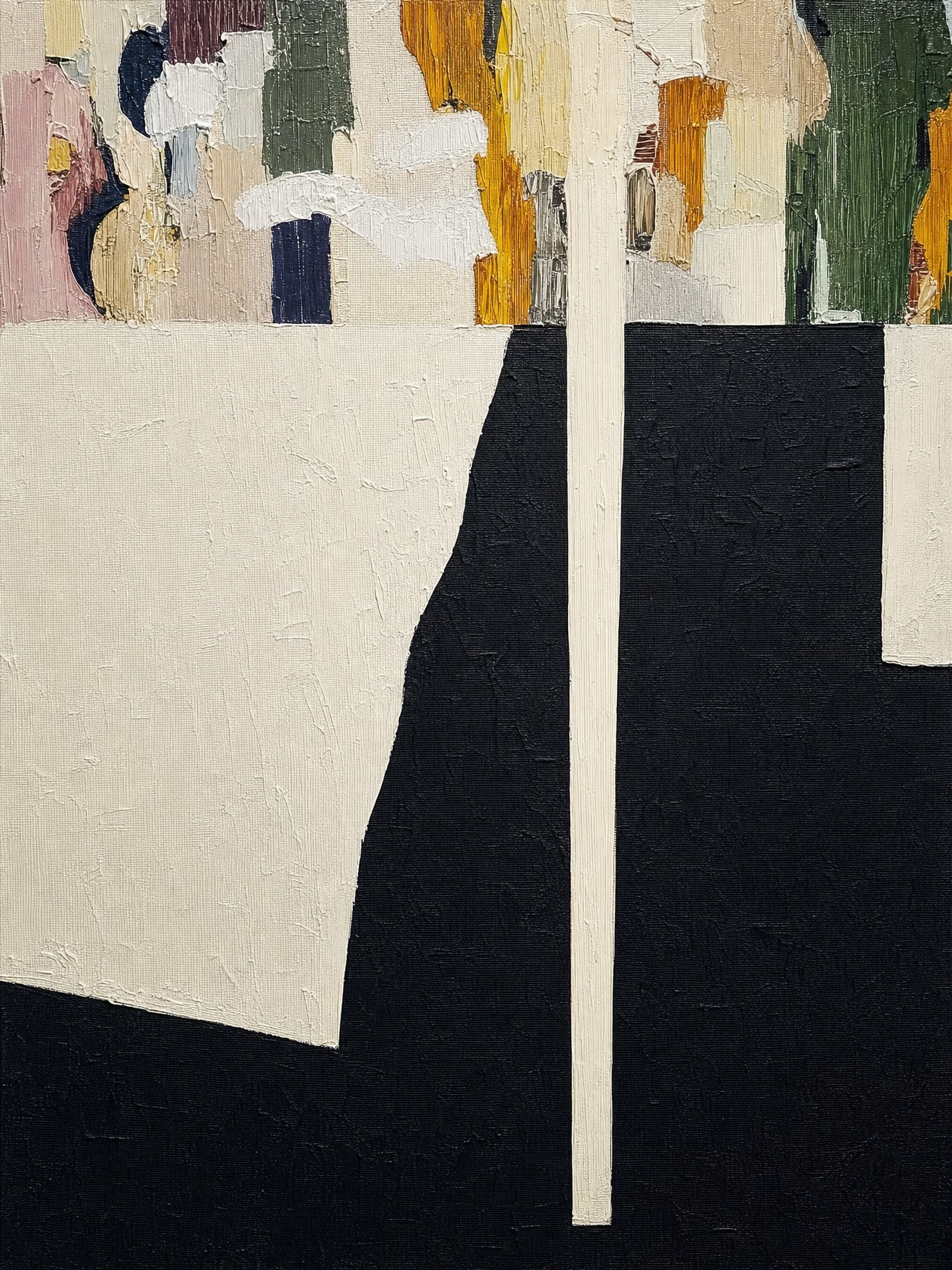 Departed #5, textured abstract of dark forms against patchworks of colour