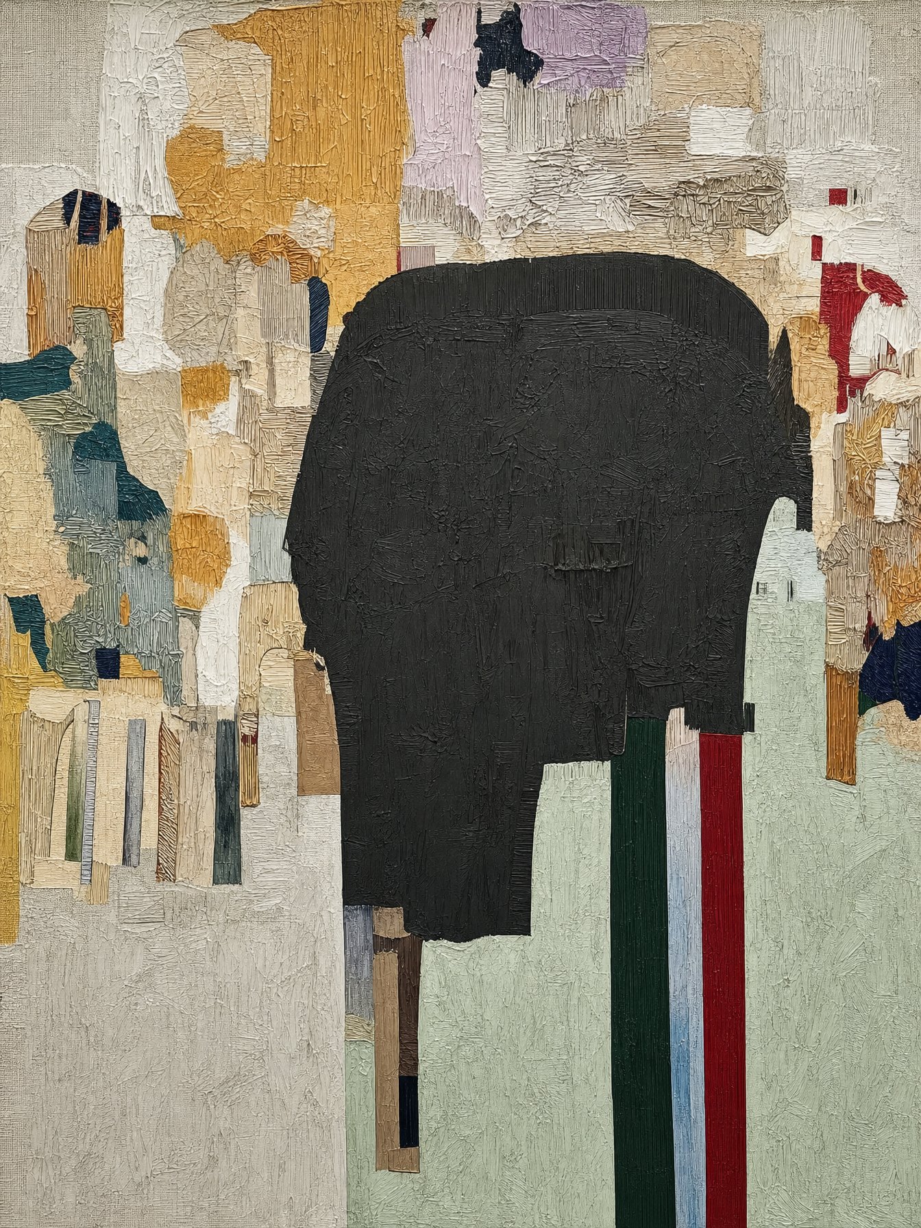 Departed #6, textured abstract of dark forms against patchworks of colour