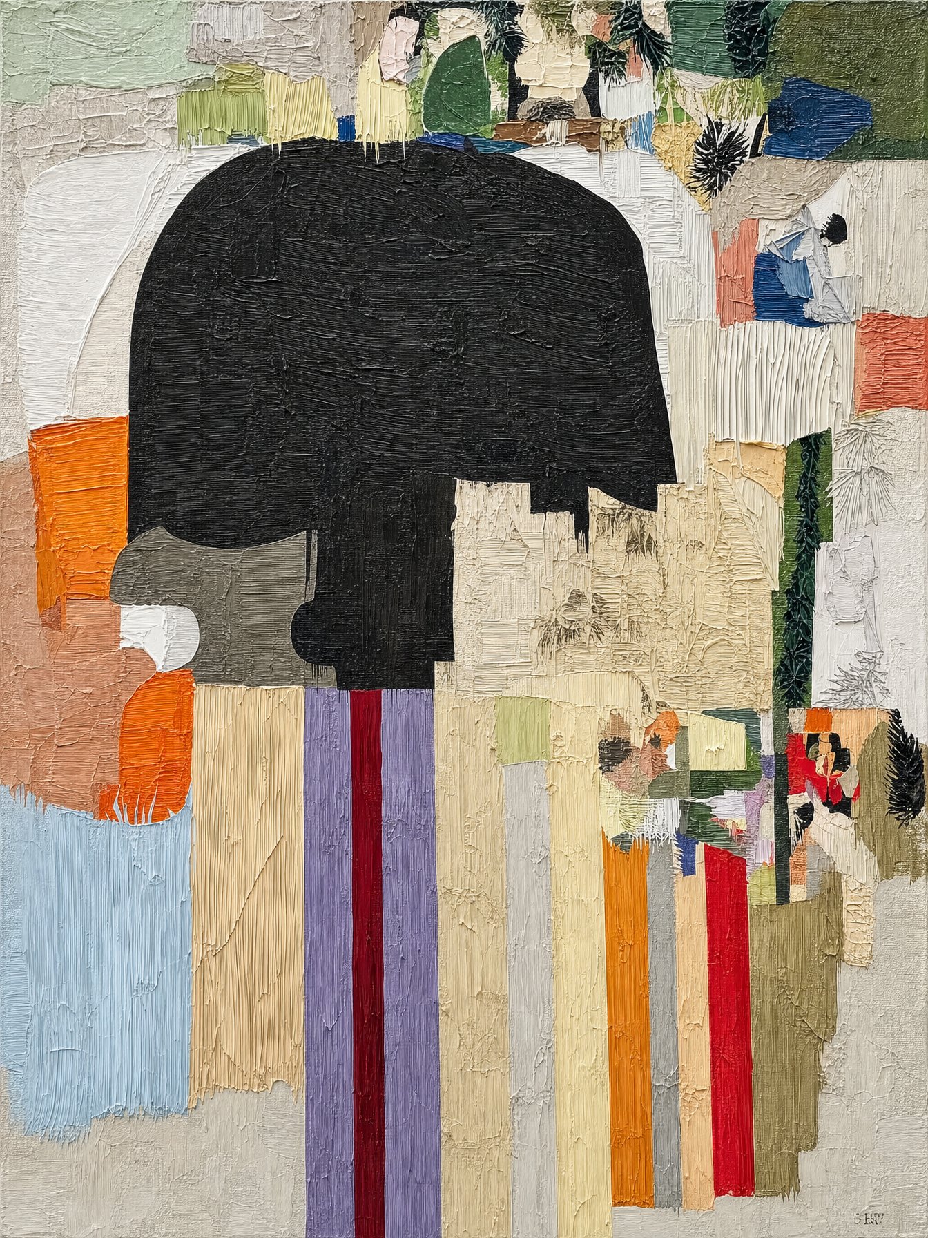 Departed #7, textured abstract of dark forms against patchworks of colour