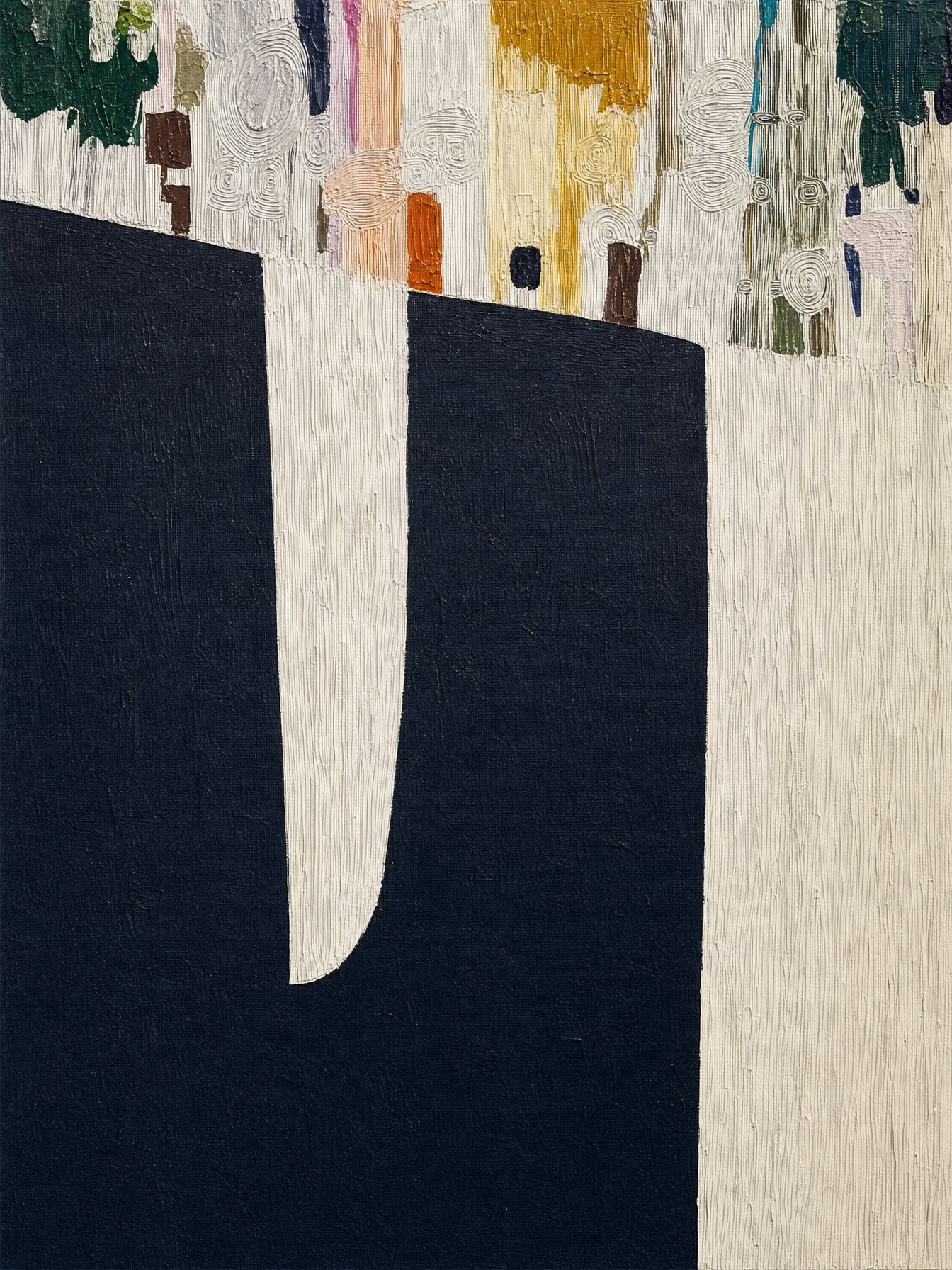 Departed #8, textured abstract of dark forms against patchworks of colour
