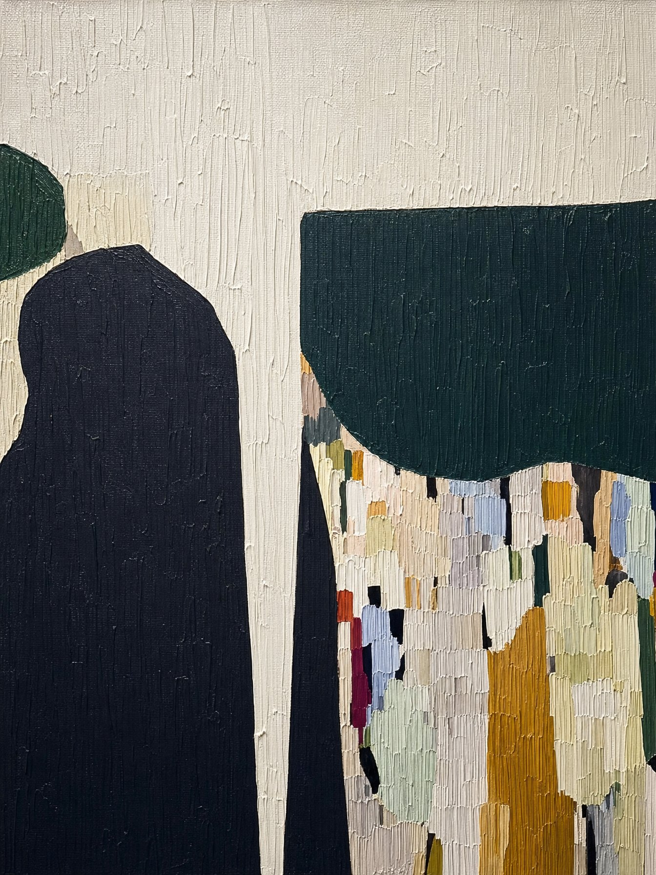 Departed #9, textured abstract of dark forms against patchworks of colour