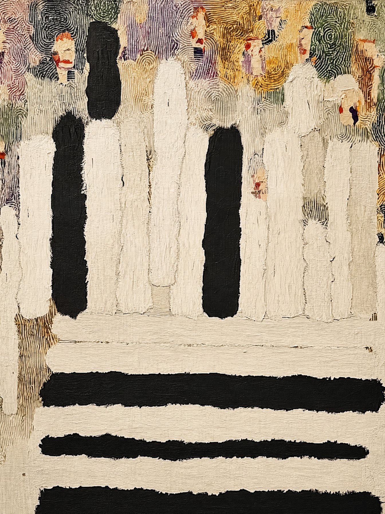 Departed #10, textured abstract of dark forms against patchworks of colour