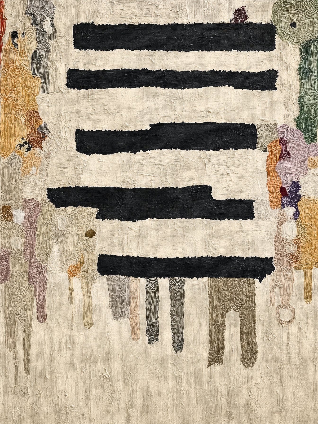 Departed #11, textured abstract of dark forms against patchworks of colour
