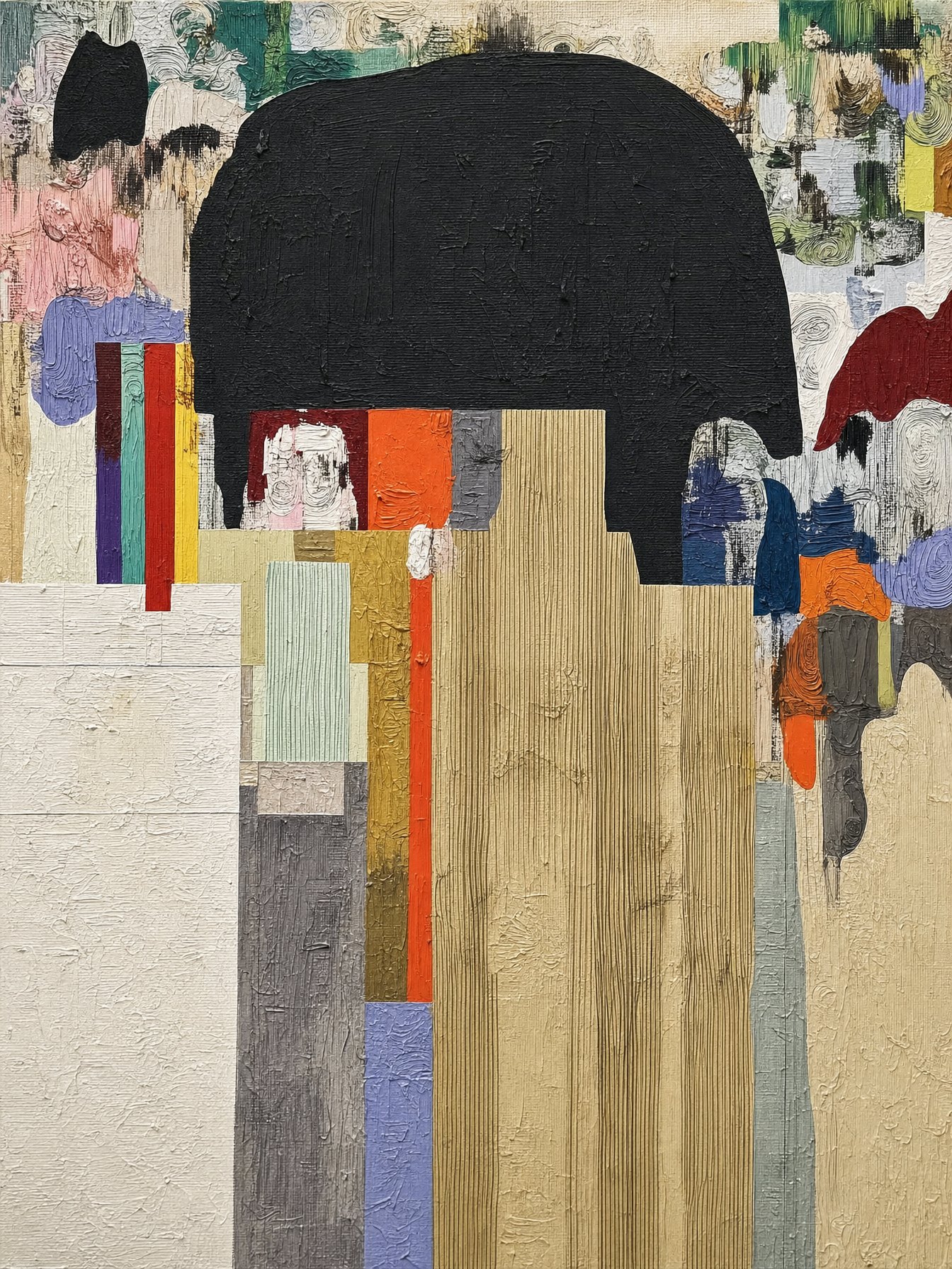 Departed #12, textured abstract of dark forms against patchworks of colour