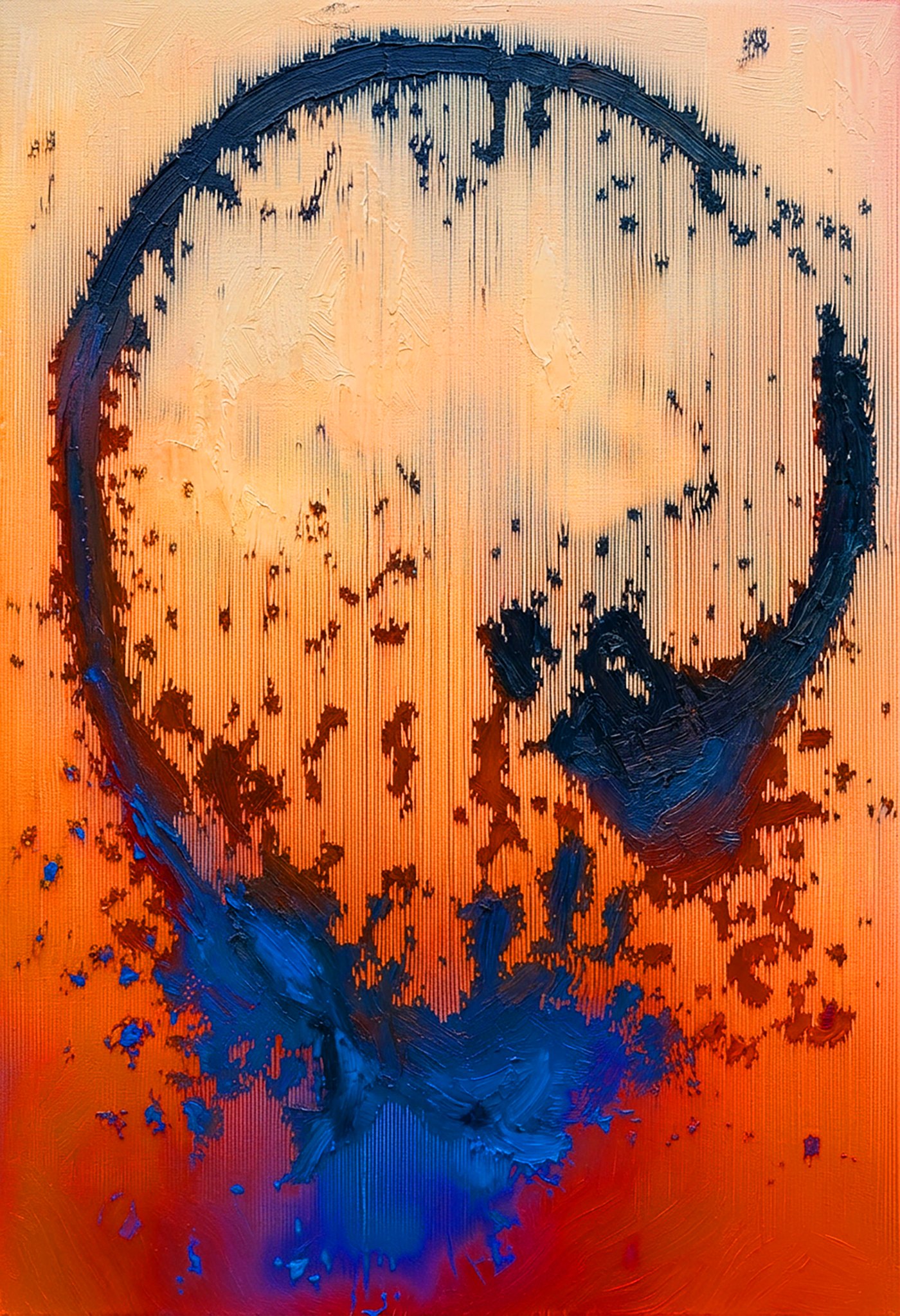 Descendance #1, a dark blue head form dissolving into burning orange and red
