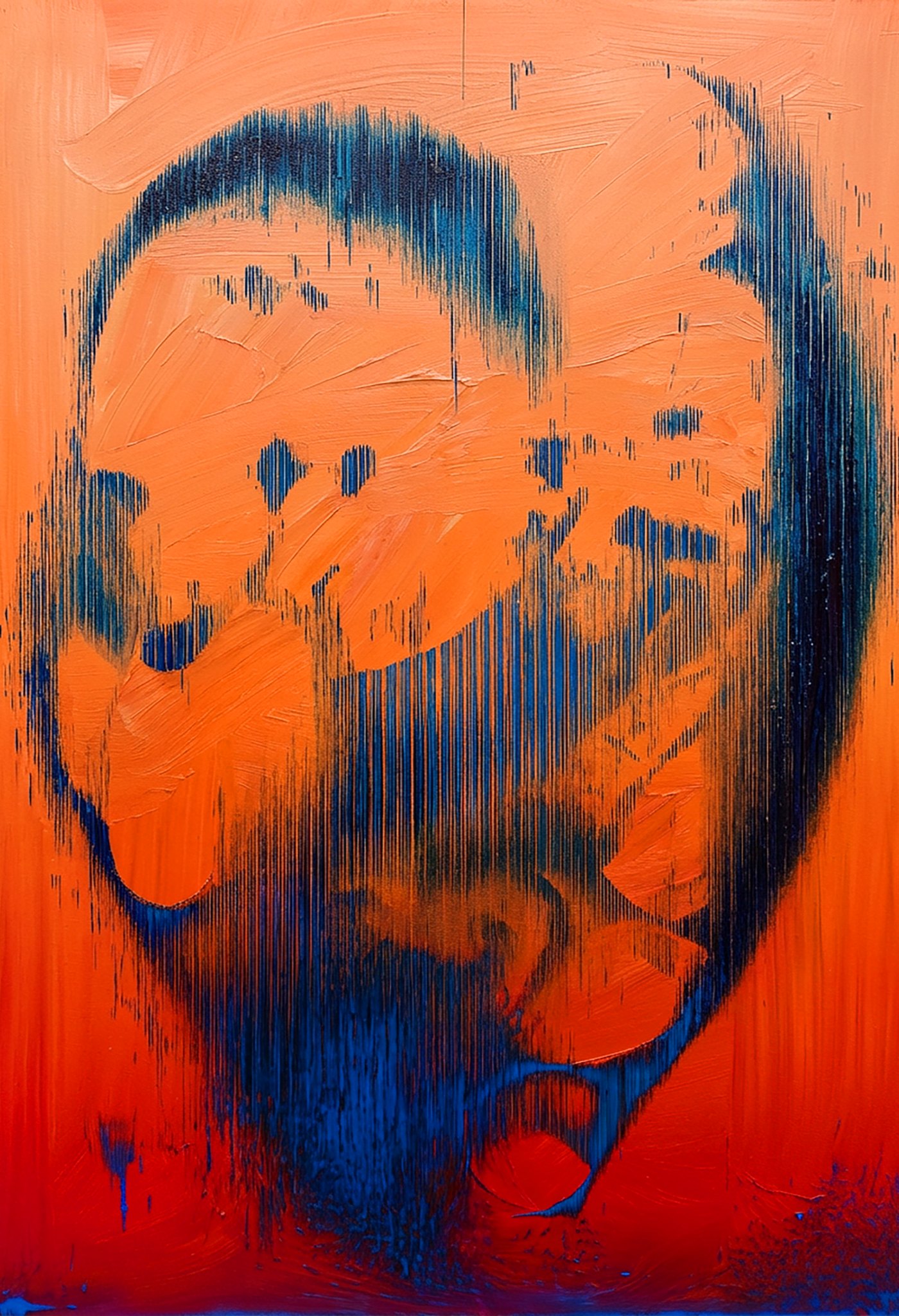 Descendance #2, a dark blue head form dissolving into burning orange and red