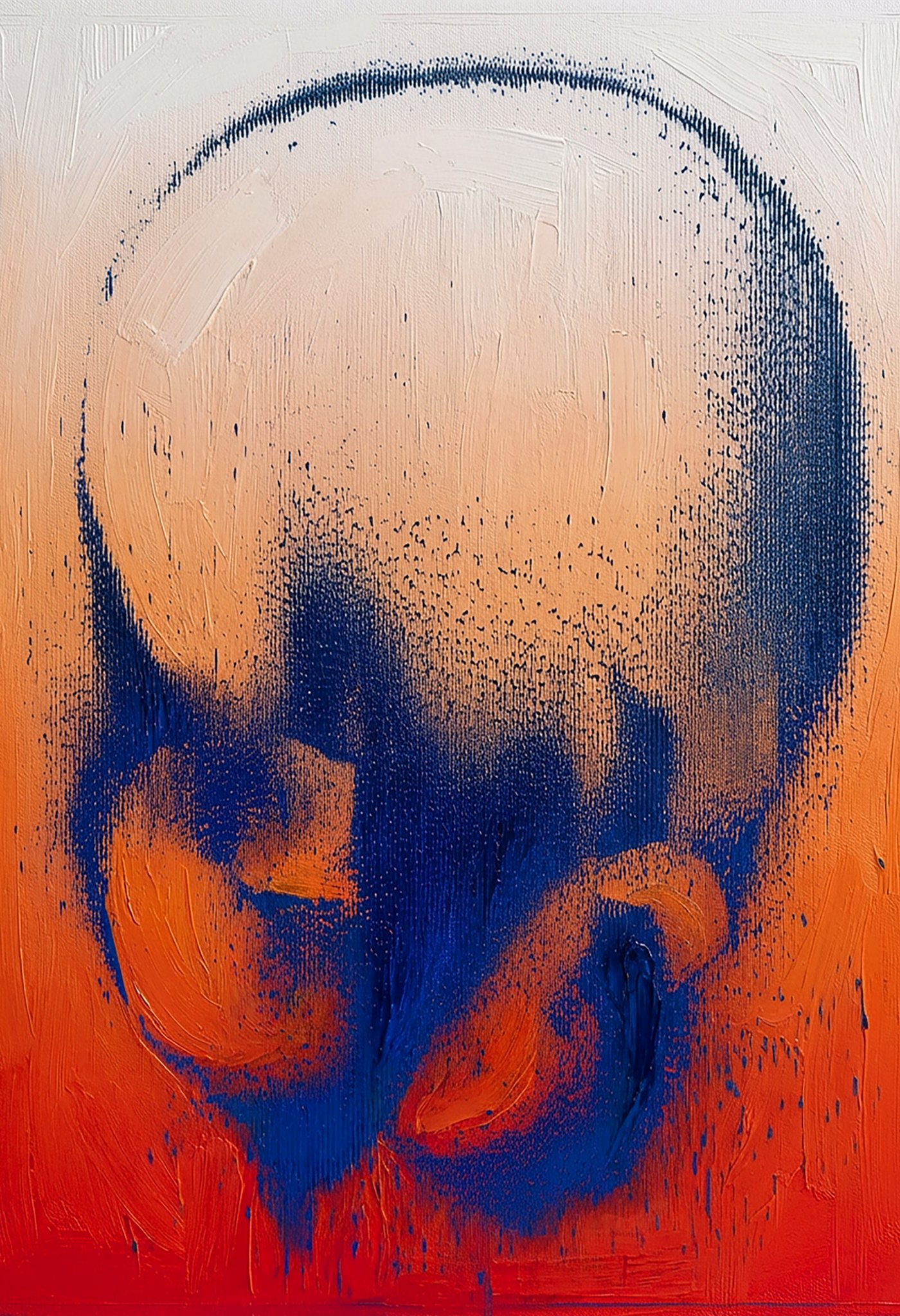 Descendance #3, a dark blue head form dissolving into burning orange and red