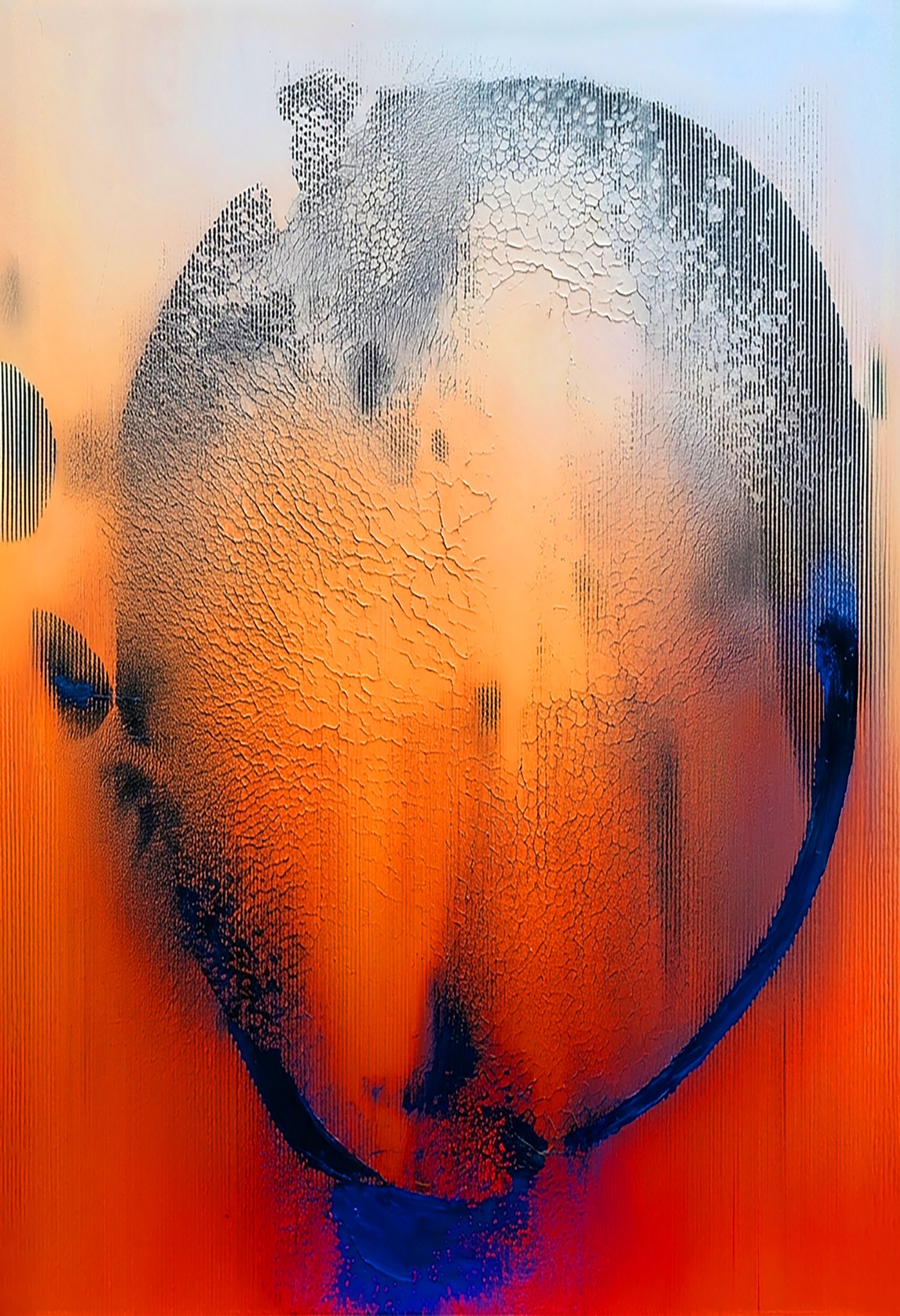Descendance #4, a dark blue head form dissolving into burning orange and red