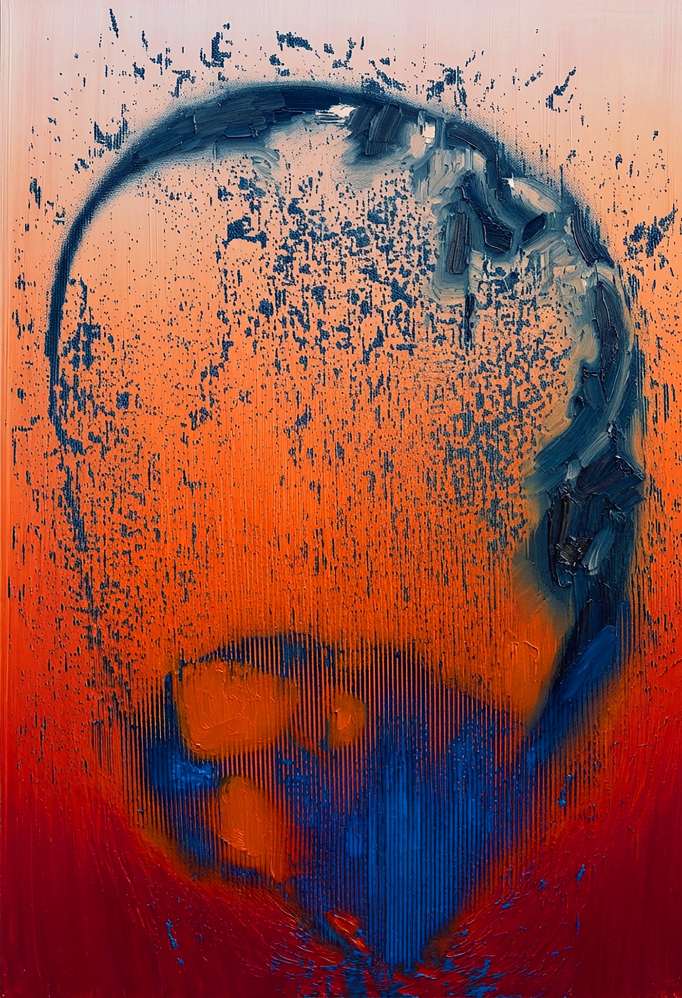 Descendance #5, a dark blue head form dissolving into burning orange and red