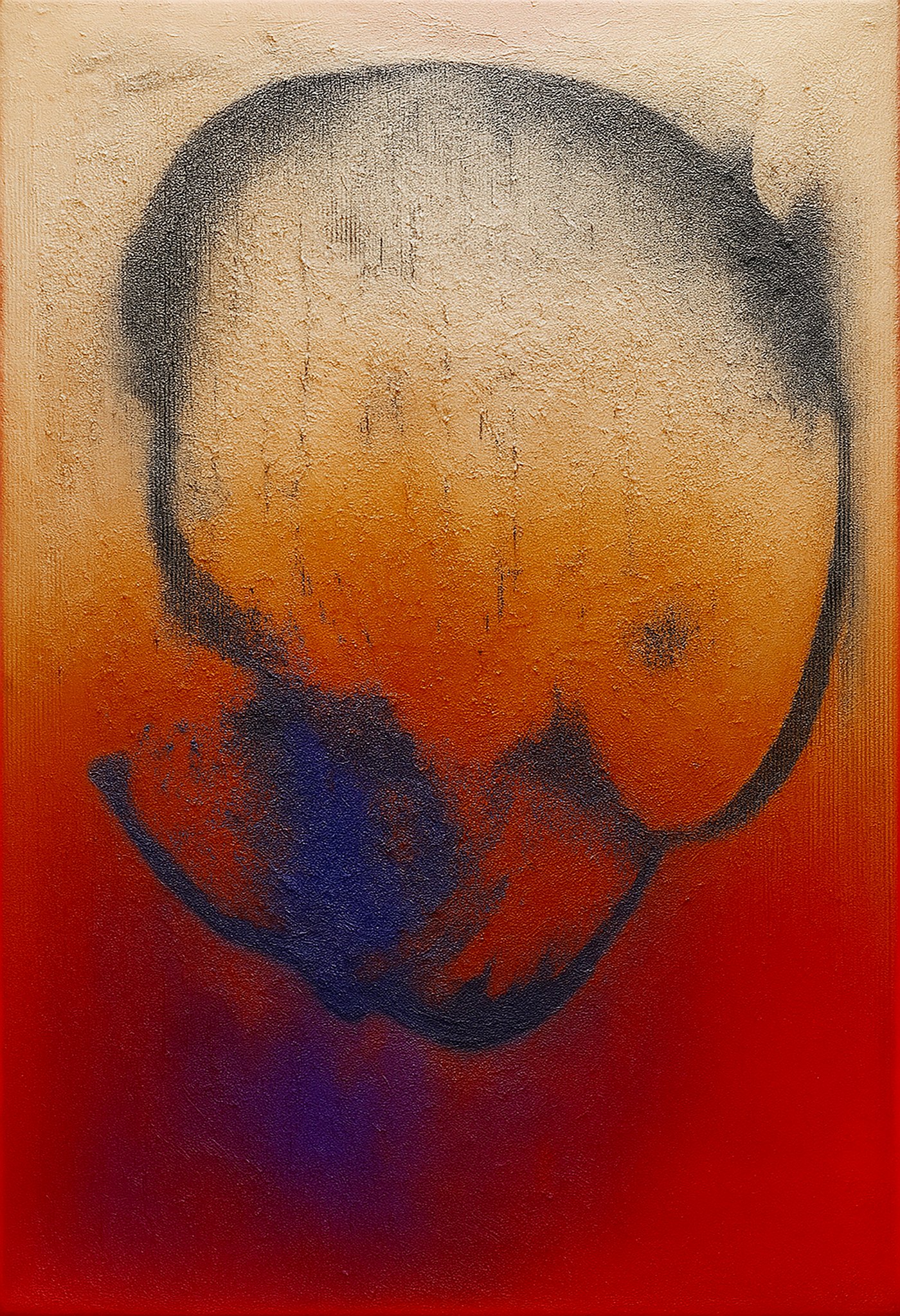 Descendance #6, a dark blue head form dissolving into burning orange and red