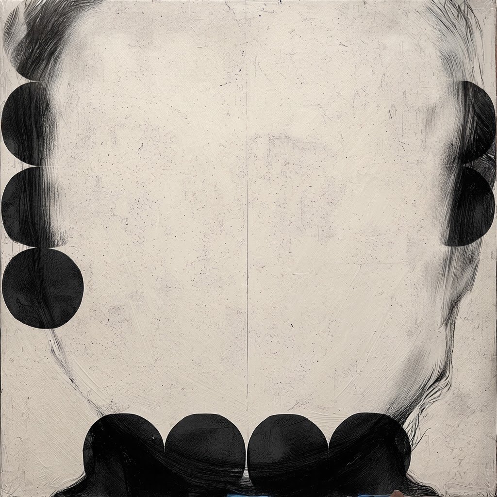 Dots Dots Dots #1, black painted circles on a pale textured ground