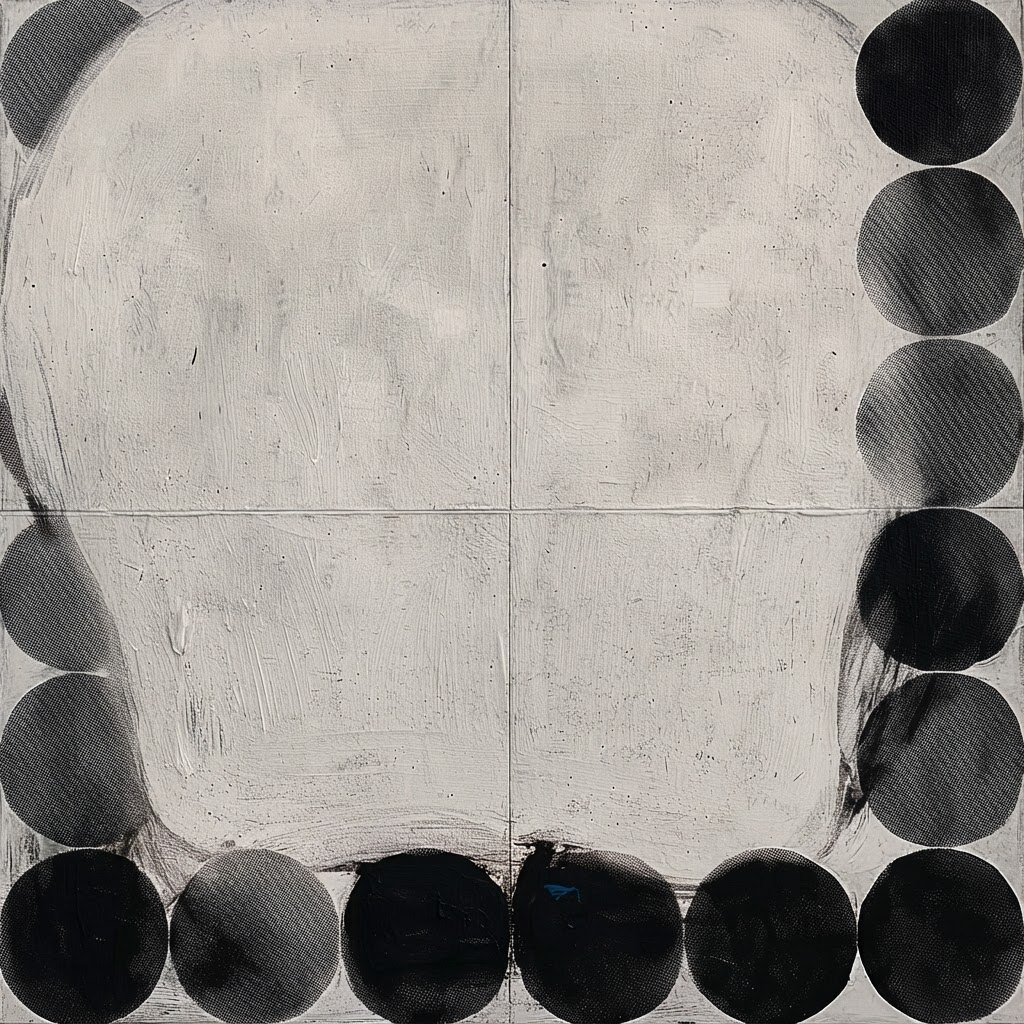 Dots Dots Dots #2, black painted circles on a pale textured ground