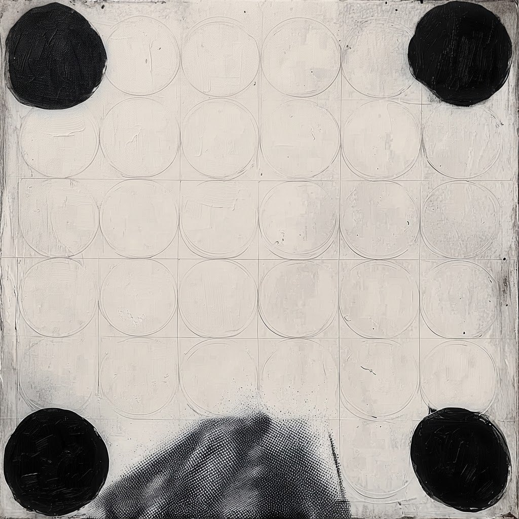 Dots Dots Dots #3, black painted circles on a pale textured ground