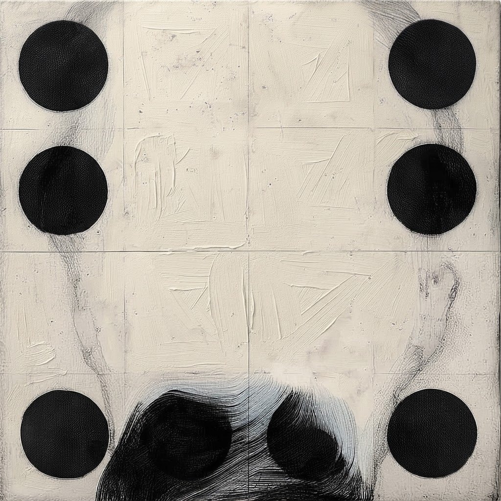 Dots Dots Dots #4, black painted circles on a pale textured ground
