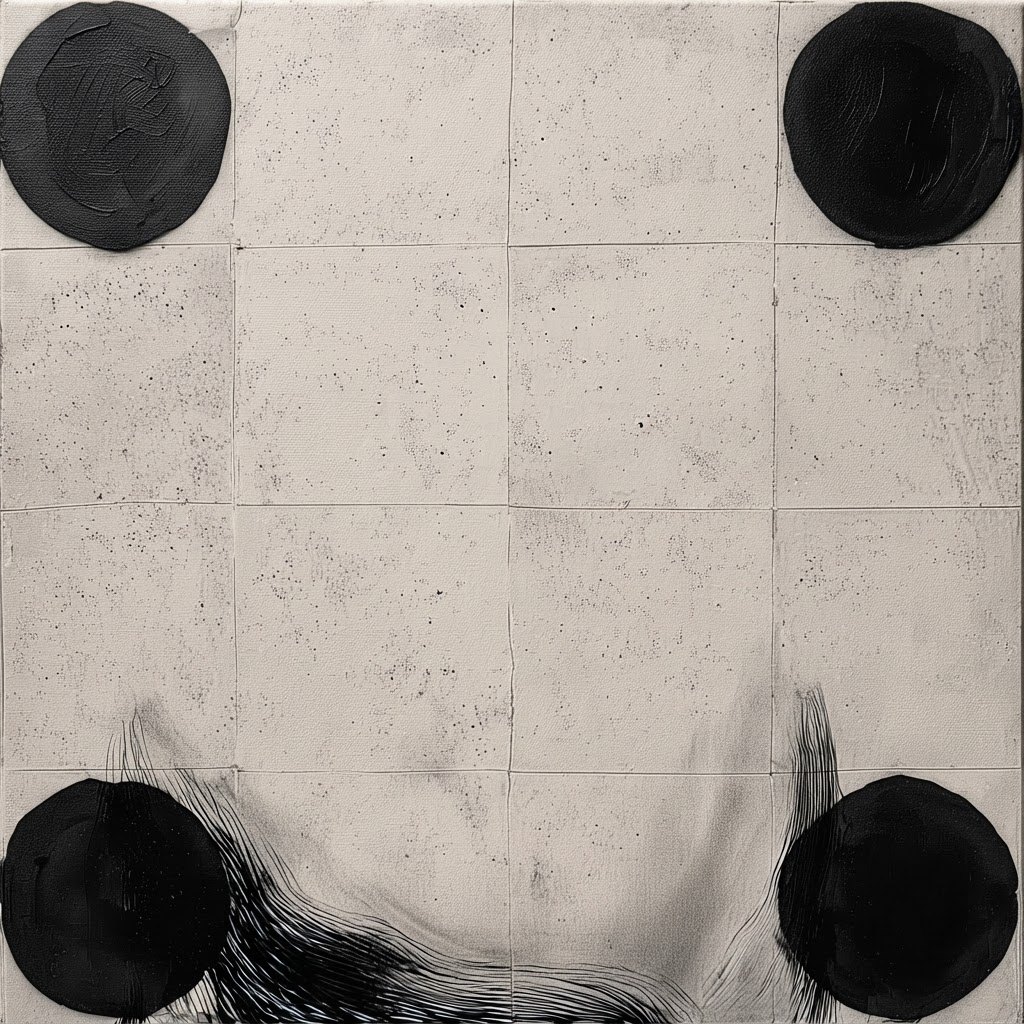 Dots Dots Dots #5, black painted circles on a pale textured ground