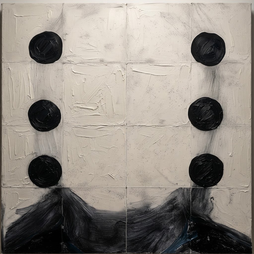 Dots Dots Dots #6, black painted circles on a pale textured ground