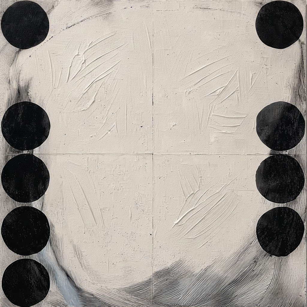 Dots Dots Dots #7, black painted circles on a pale textured ground