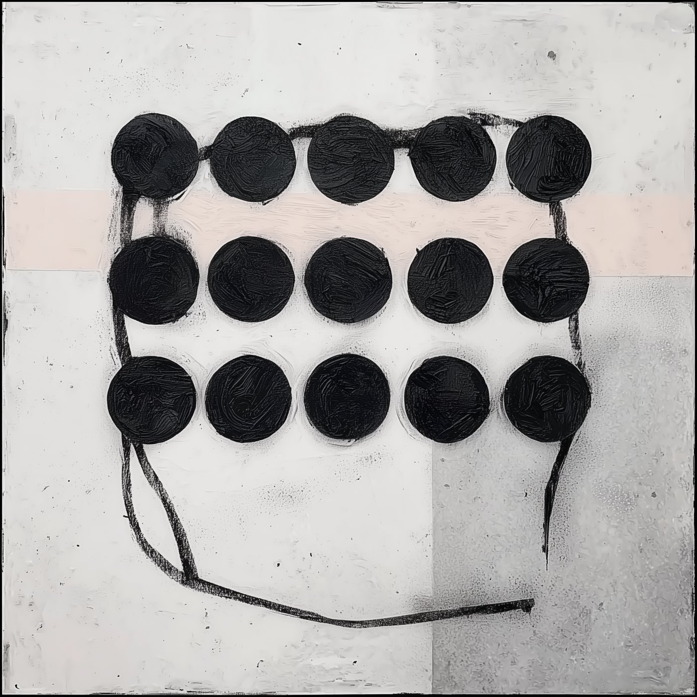 Dots Dots Dots #9, black painted circles on a pale textured ground