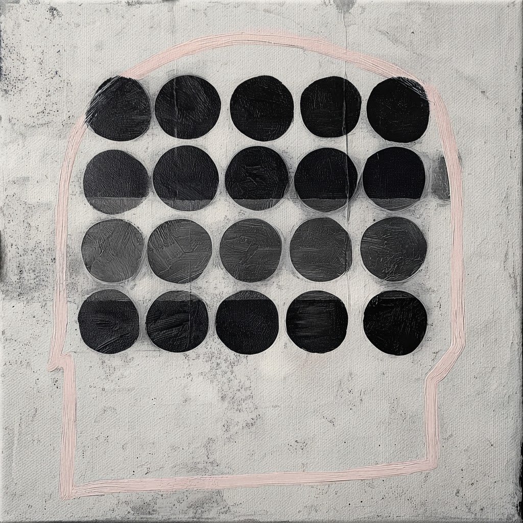 Dots Dots Dots #10, black painted circles on a pale textured ground
