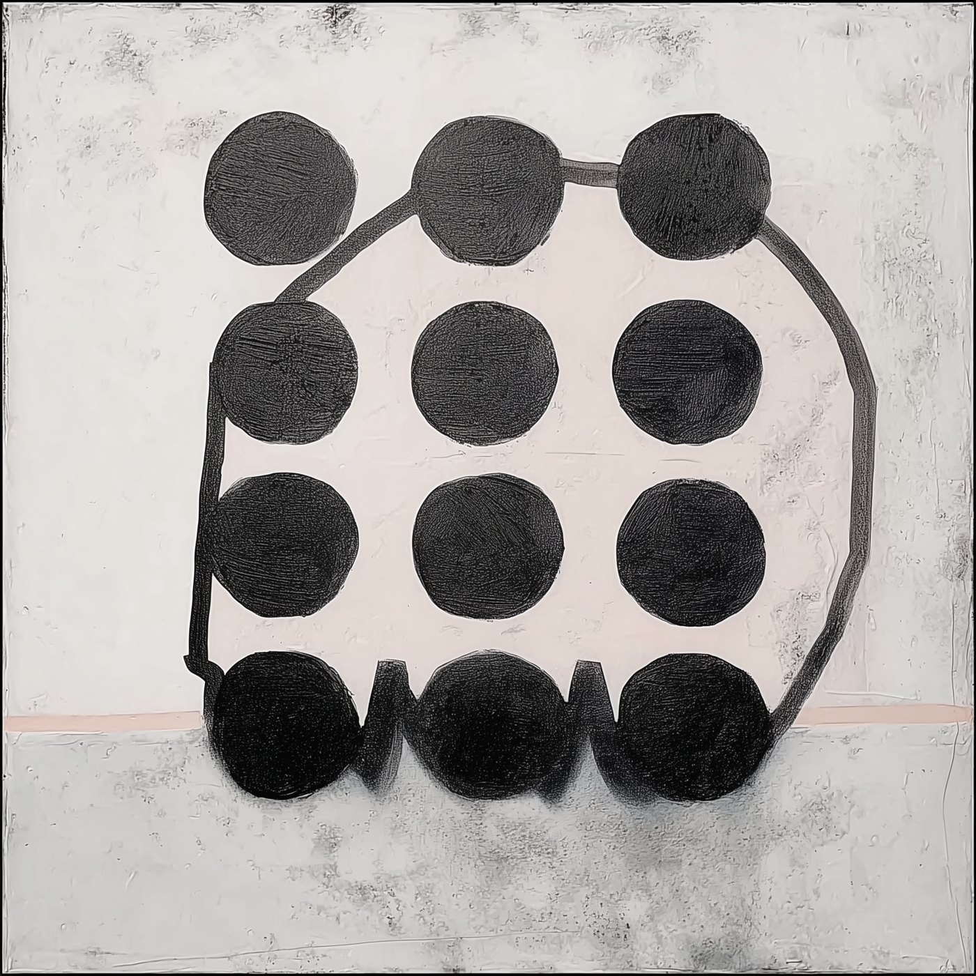 Dots Dots Dots #11, black painted circles on a pale textured ground