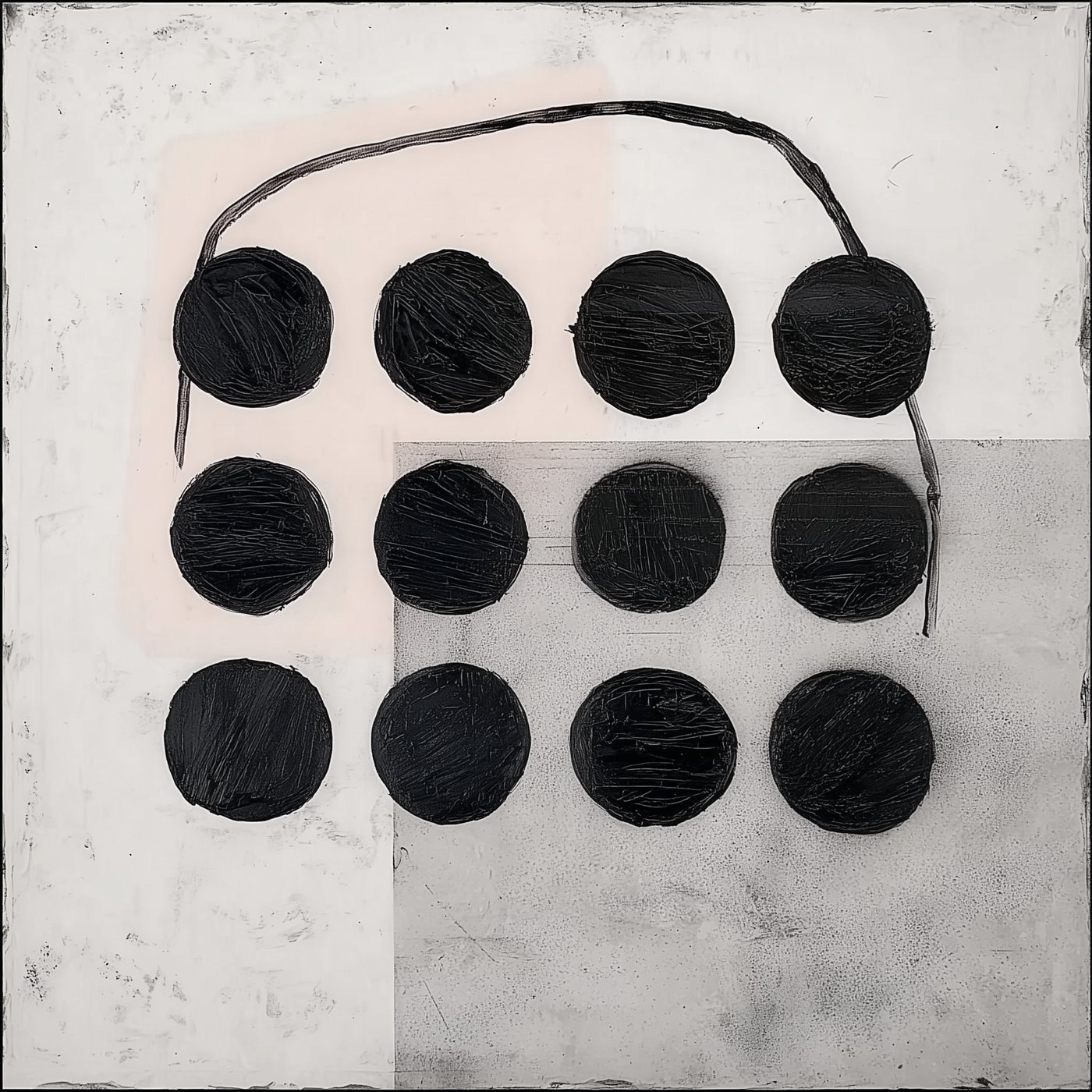 Dots Dots Dots #12, black painted circles on a pale textured ground
