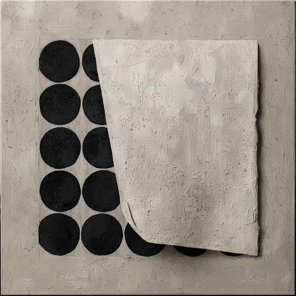 Dots Dots Dots #13, black painted circles on a pale textured ground