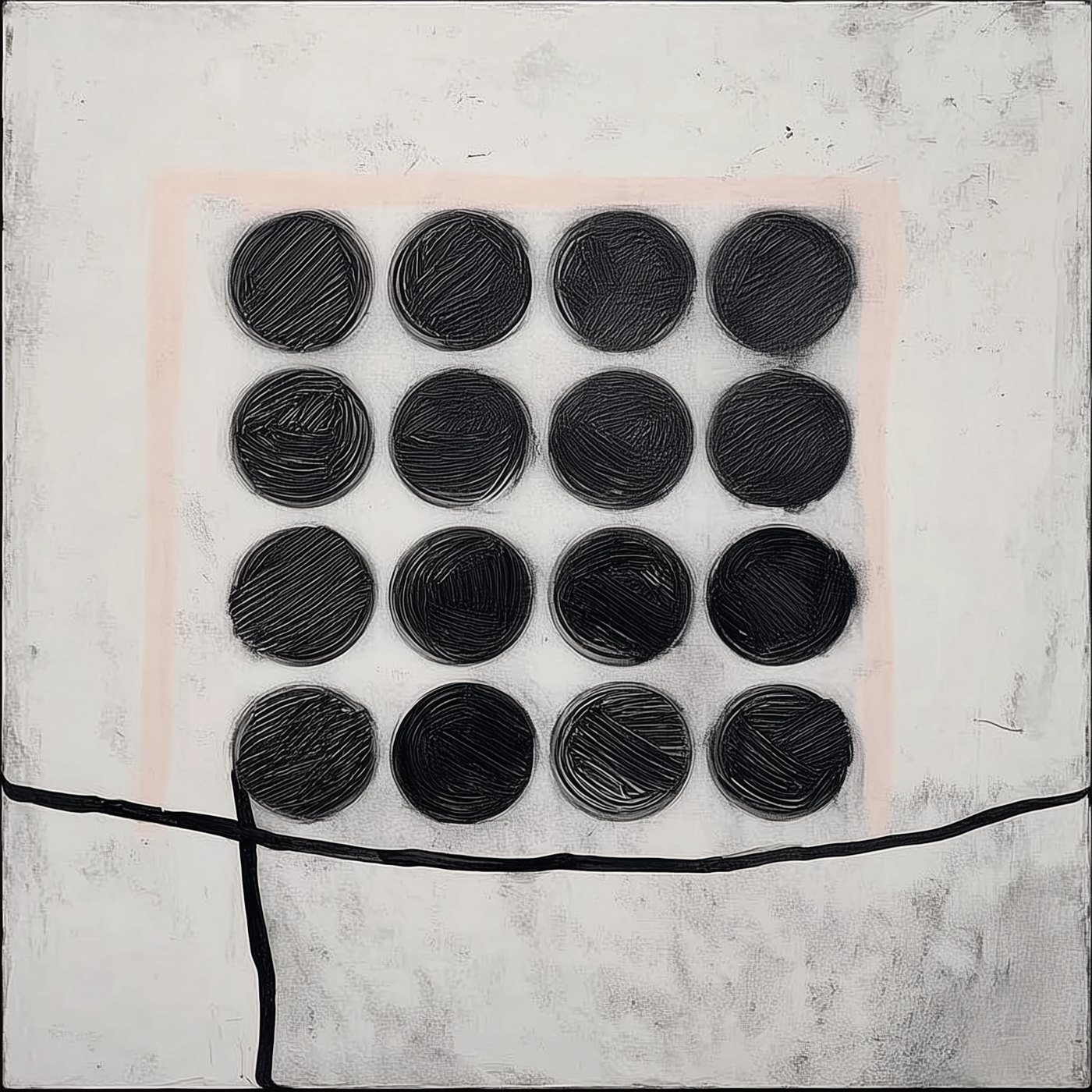 Dots Dots Dots #14, black painted circles on a pale textured ground