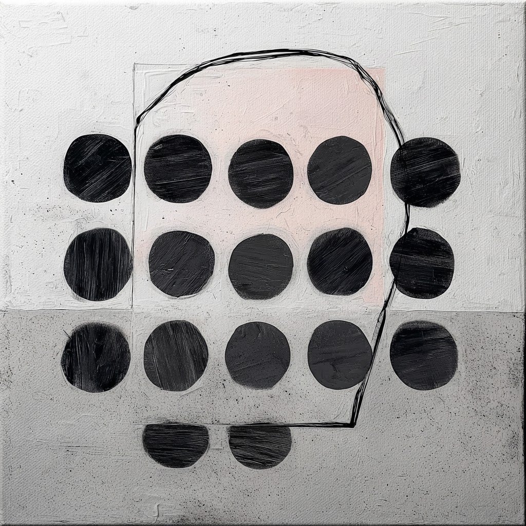 Dots Dots Dots #15, black painted circles on a pale textured ground