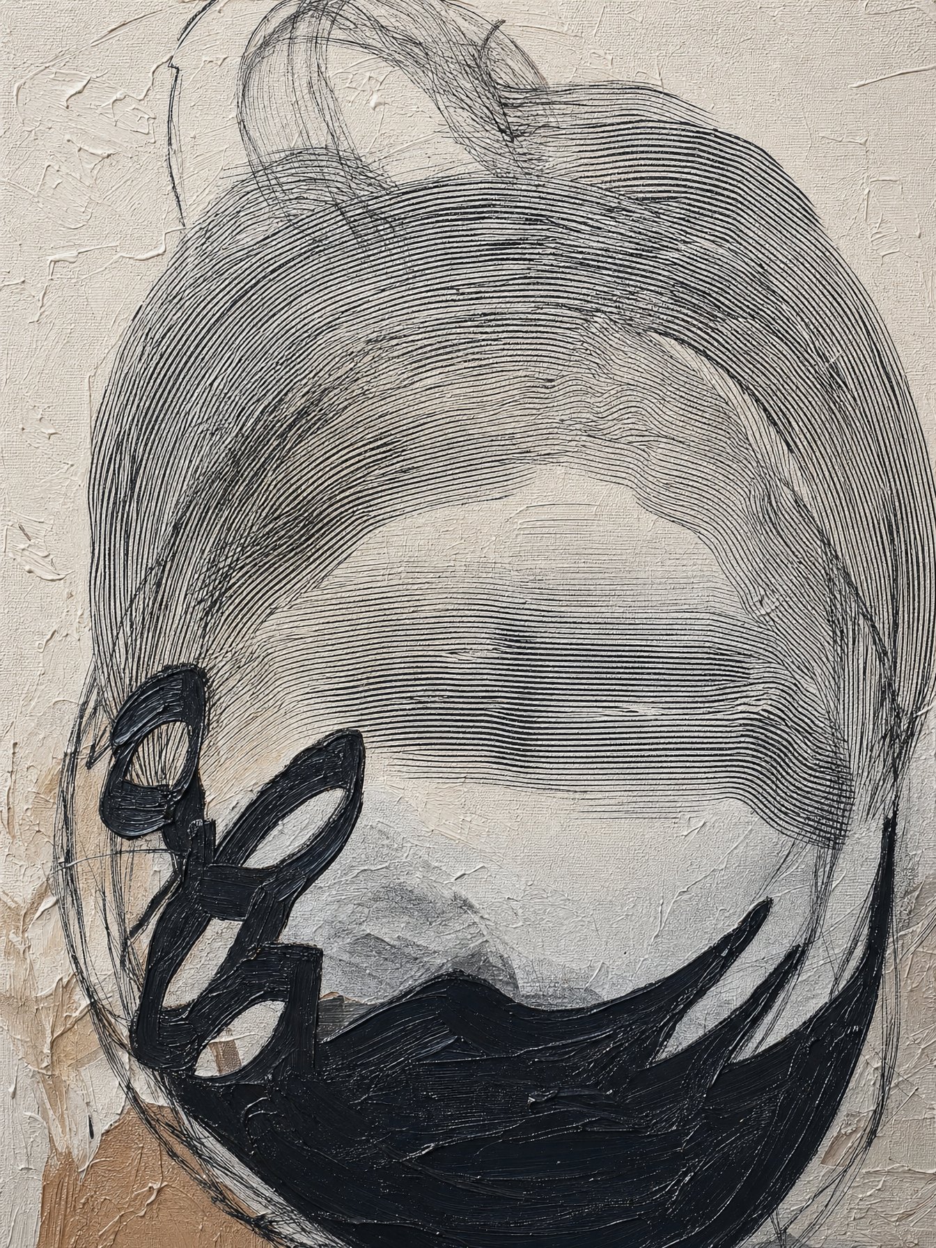 Fractured #2, a head of fine black lines coming apart over textured cream