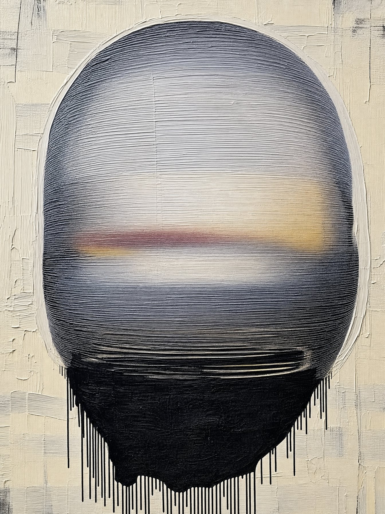 Fractured #3, a head of fine black lines coming apart over textured cream