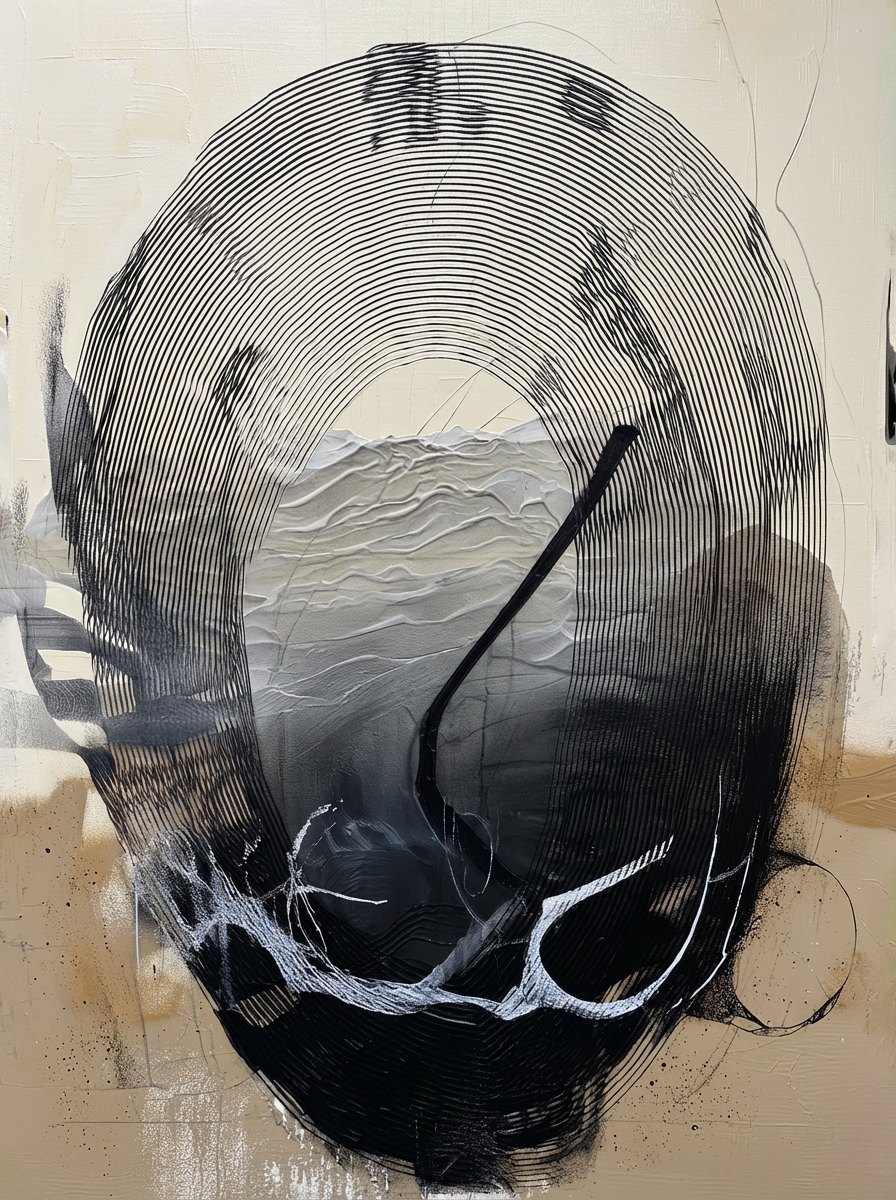 Fractured #4, a head of fine black lines coming apart over textured cream