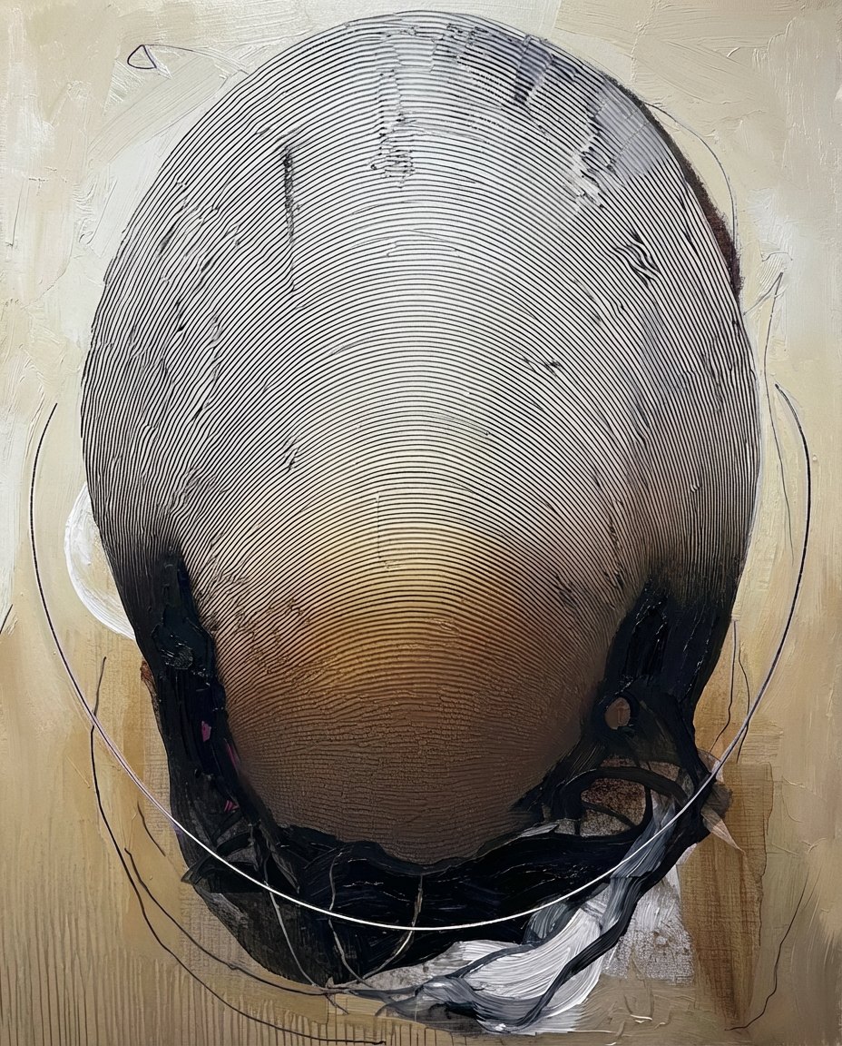 Fractured #5, a head of fine black lines coming apart over textured cream
