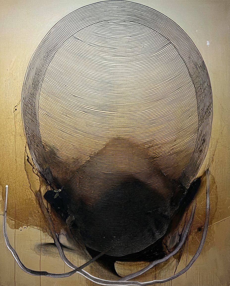 Fractured #6, a head of fine black lines coming apart over textured cream