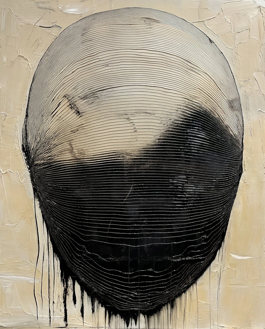 Fractured #7, a head of fine black lines coming apart over textured cream