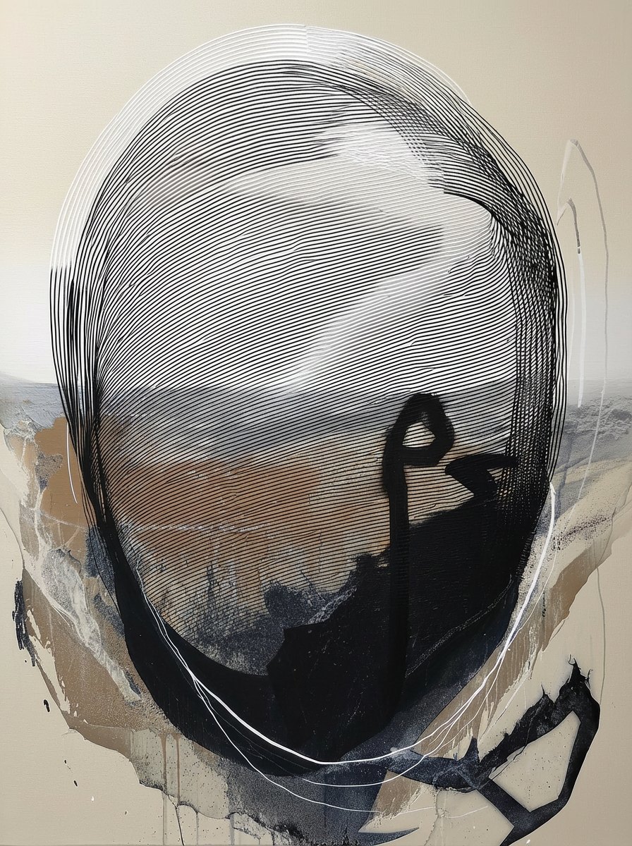 Fractured #8, a head of fine black lines coming apart over textured cream