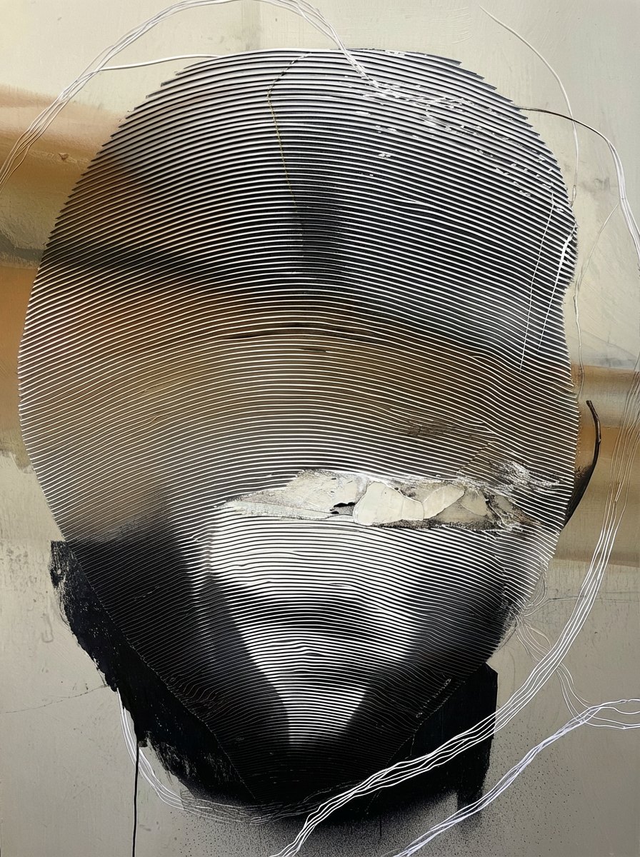 Fractured #9, a head of fine black lines coming apart over textured cream