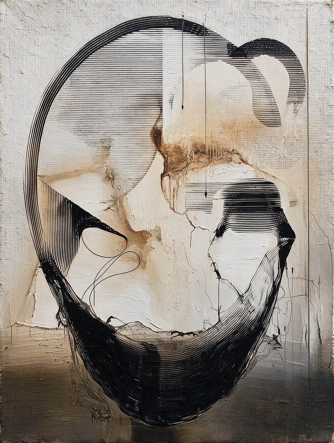 Fractured #10, a head of fine black lines coming apart over textured cream