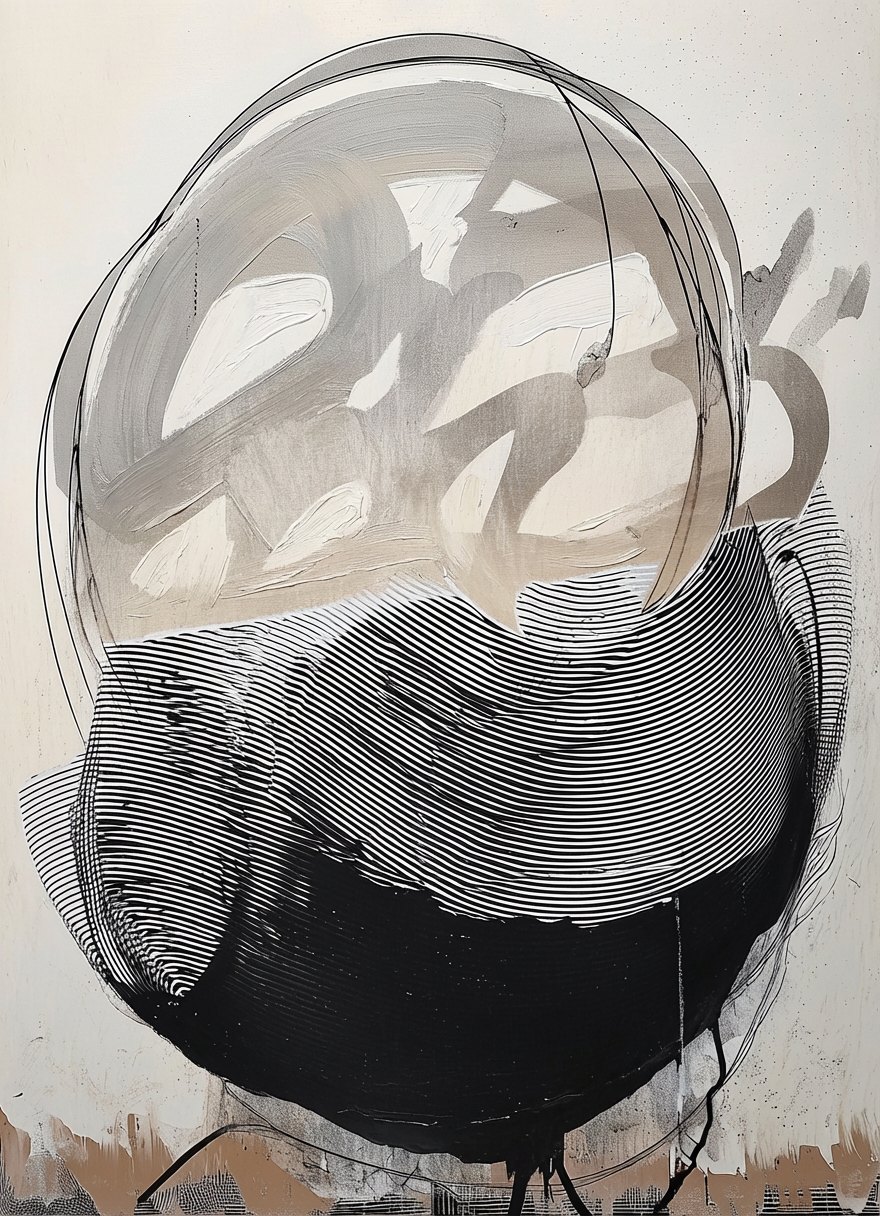 Fractured #11, a head of fine black lines coming apart over textured cream